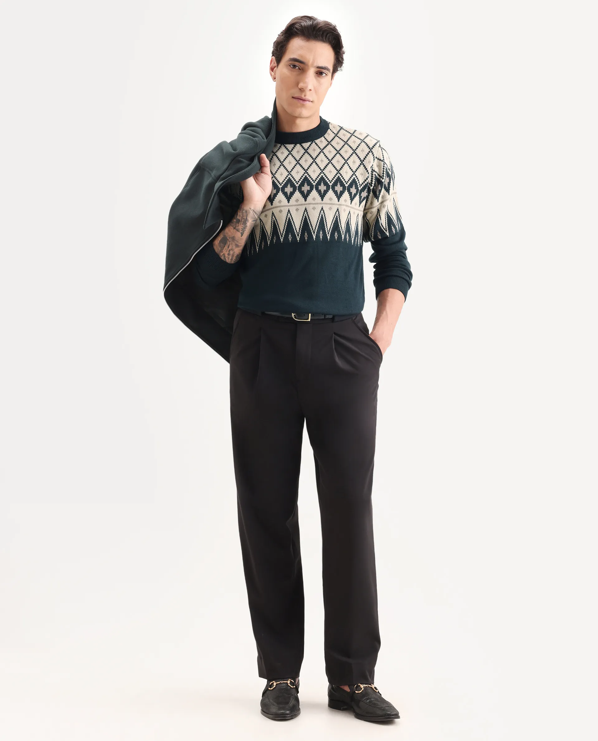 Rare Rabbit Men's Kezeck Navy Cotton Argyle Print Regular Fit Full Sleeve Crew Neck Sweater - Image 2