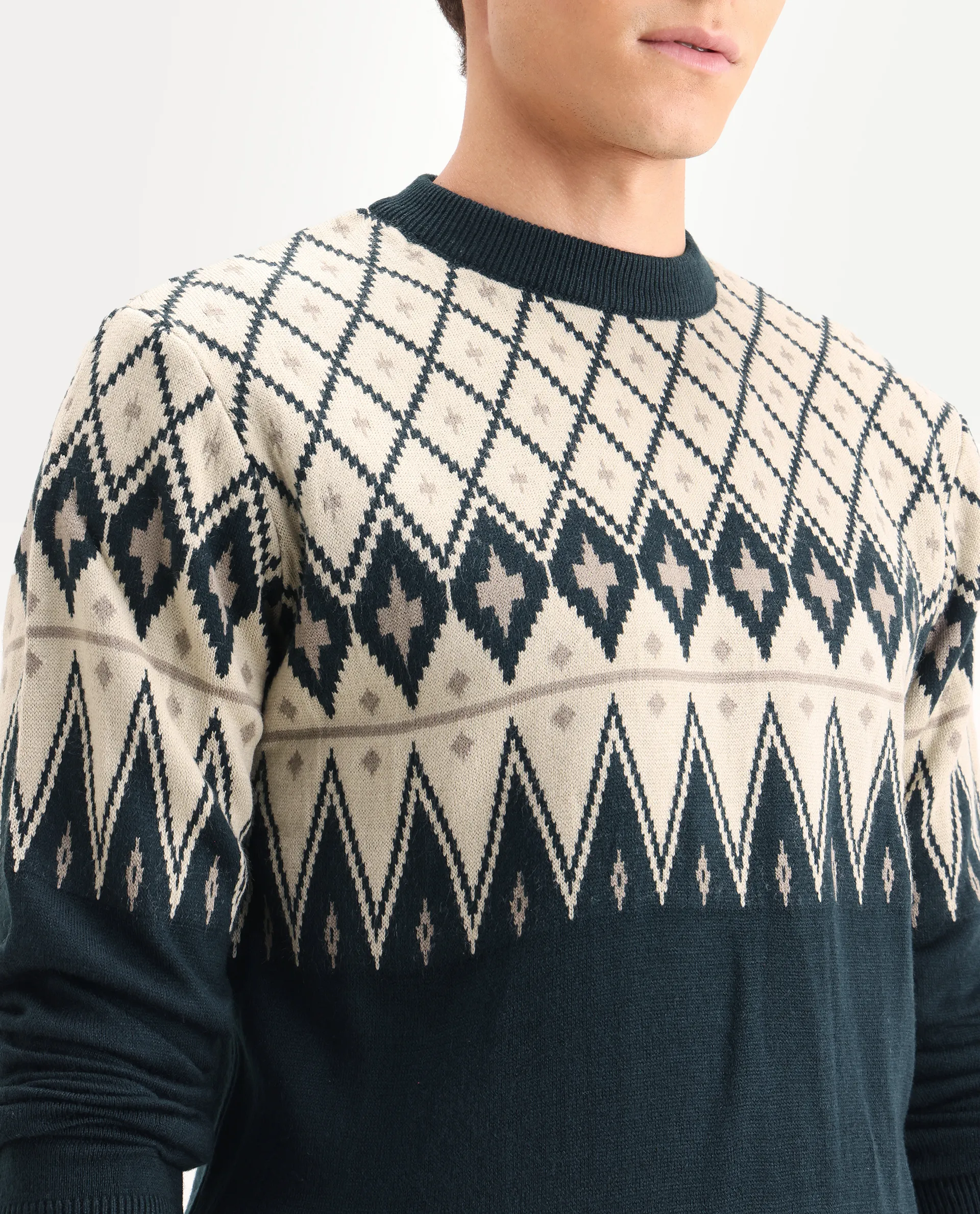 Rare Rabbit Men's Kezeck Navy Cotton Argyle Print Regular Fit Full Sleeve Crew Neck Sweater - Image 3