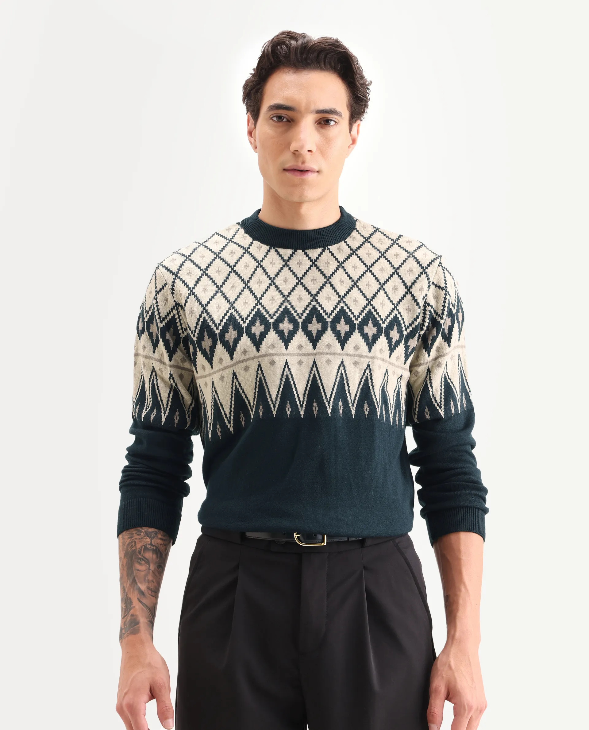 Rare Rabbit Men's Kezeck Navy Cotton Argyle Print Regular Fit Full Sleeve Crew Neck Sweater - Image 4