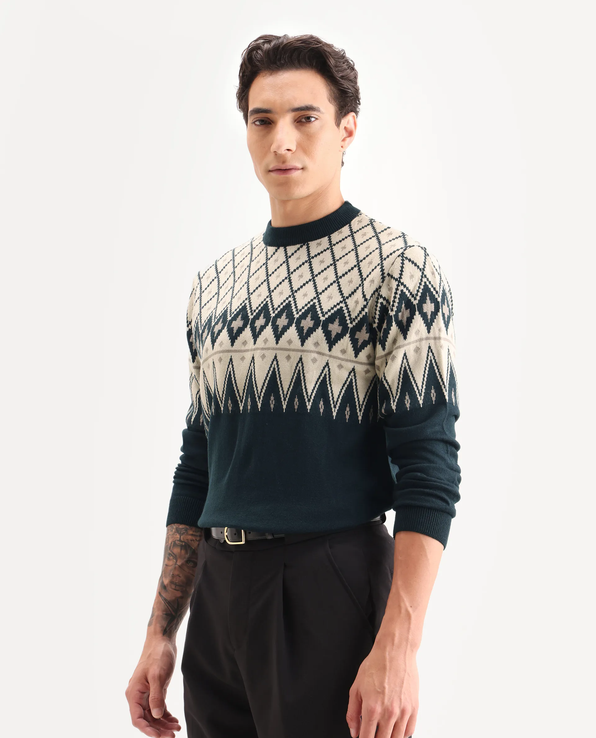 Rare Rabbit Men's Kezeck Navy Cotton Argyle Print Regular Fit Full Sleeve Crew Neck Sweater - Image 5