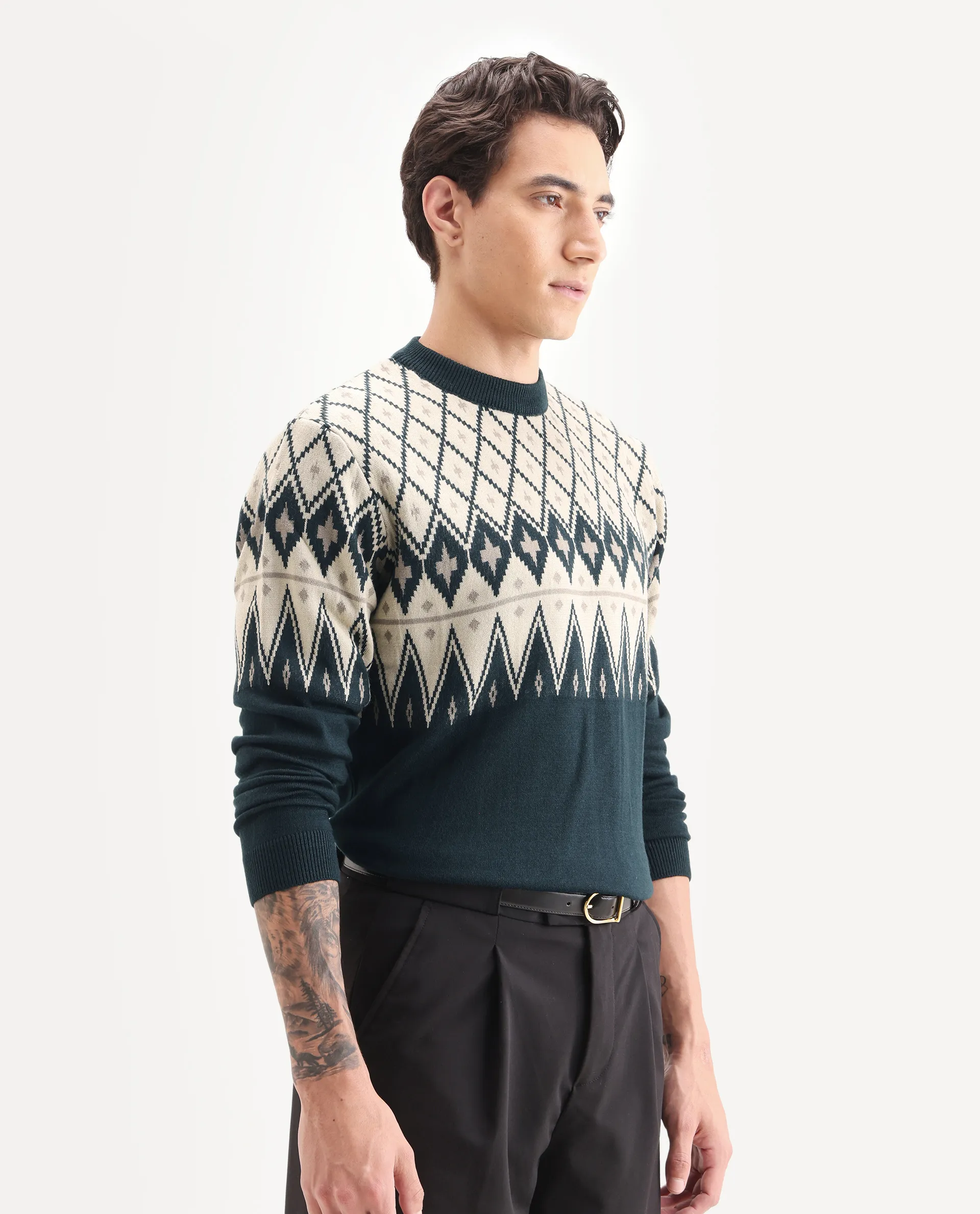 Rare Rabbit Men's Kezeck Navy Cotton Argyle Print Regular Fit Full Sleeve Crew Neck Sweater - Image 6