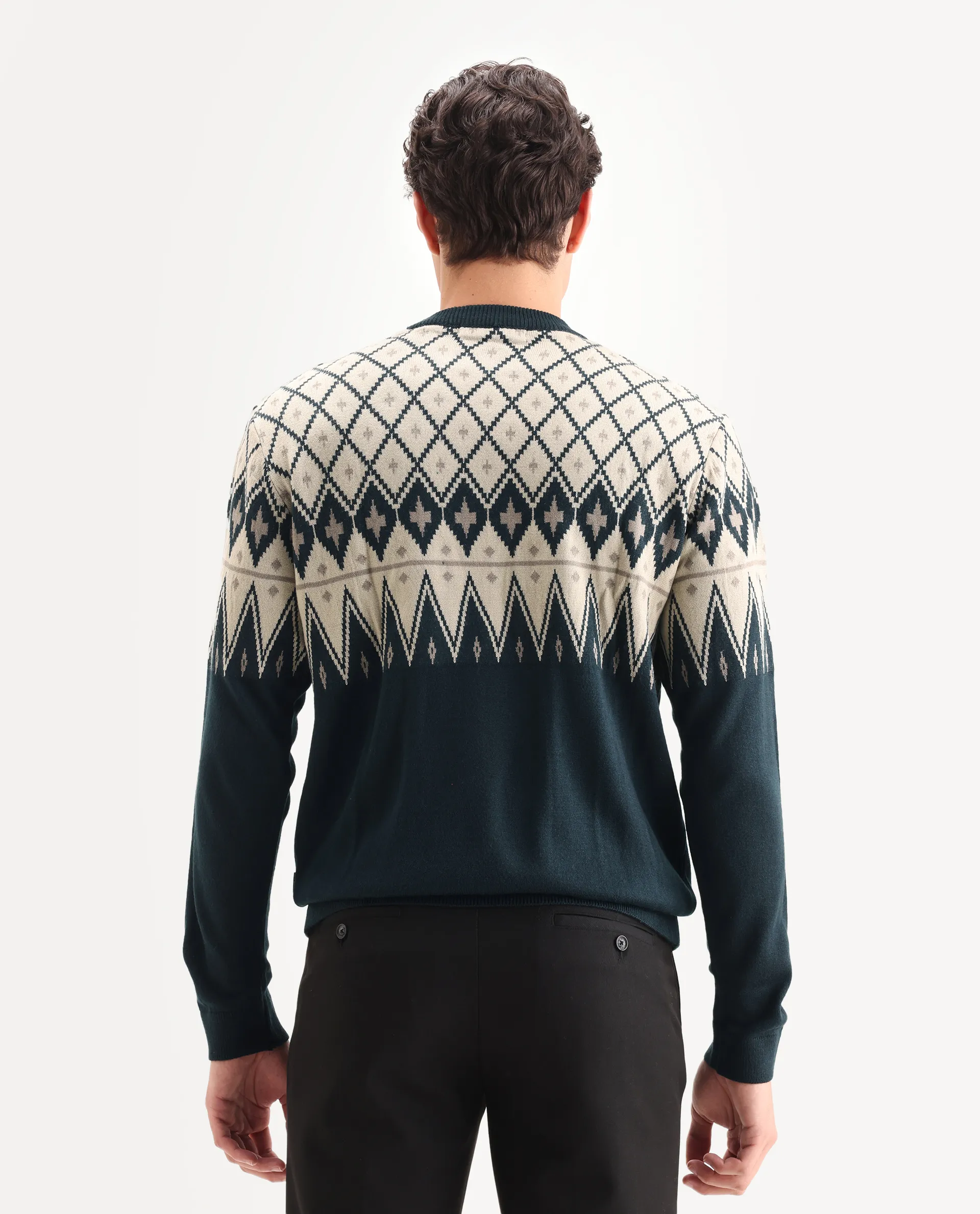 Rare Rabbit Men's Kezeck Navy Cotton Argyle Print Regular Fit Full Sleeve Crew Neck Sweater - Image 7