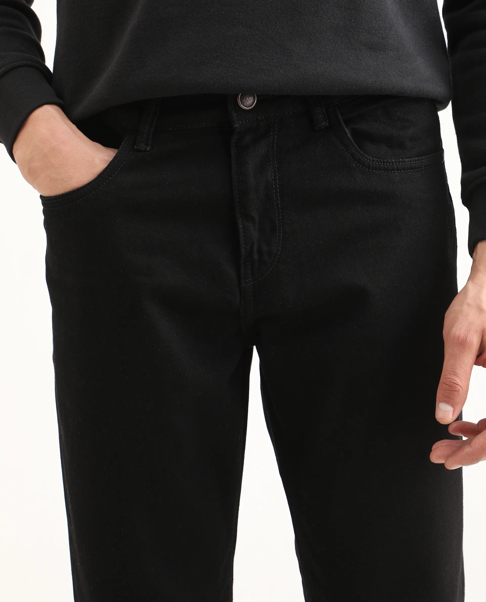 Rare Rabbit Men's Khal 26 Black Cotton Fabric Kurt Carrot Plain Jeans - Image 3