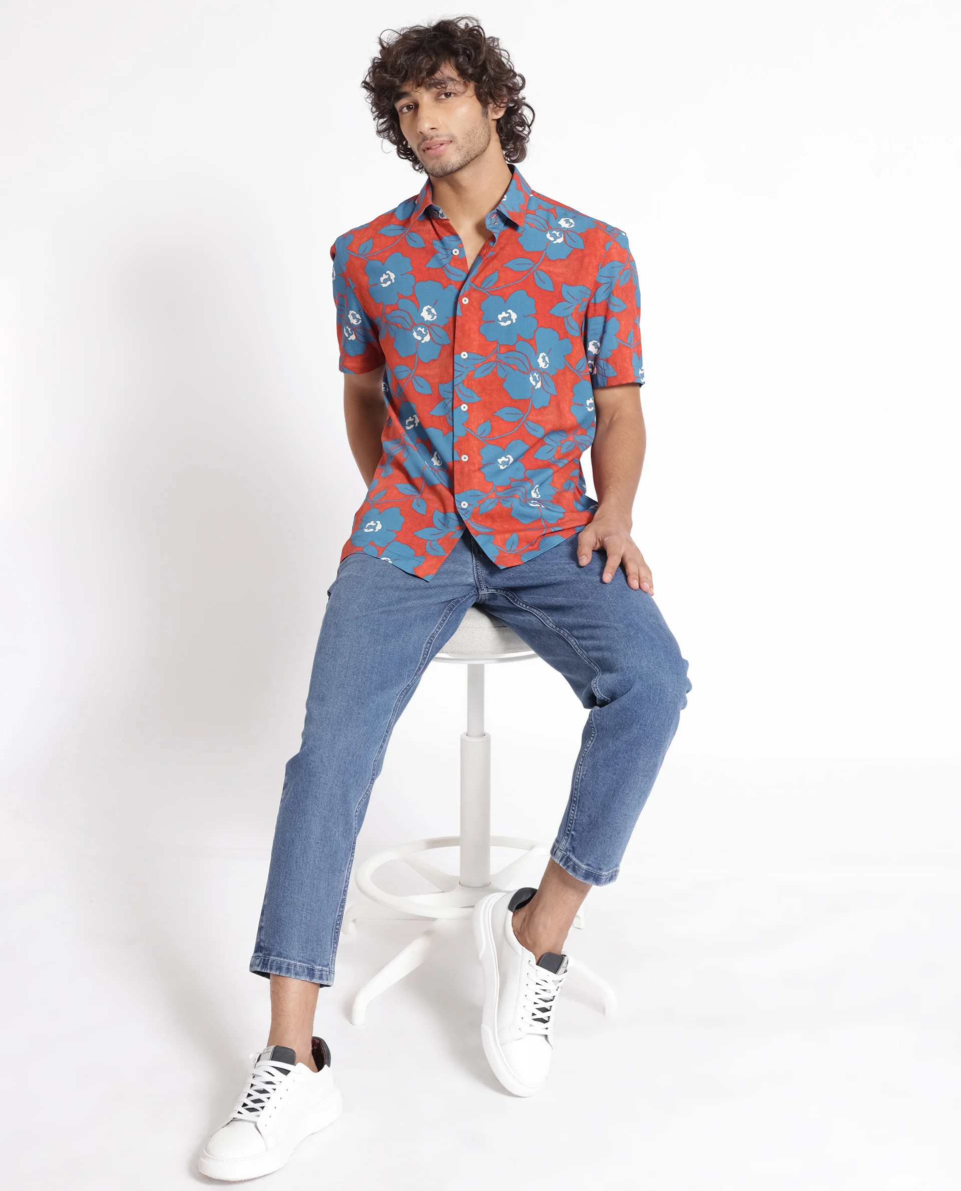Rare Rabbit Men's Kian Dusky Orange Cotton Floral Print Regular Fit Half Sleeve Collared Shirt - Image 2
