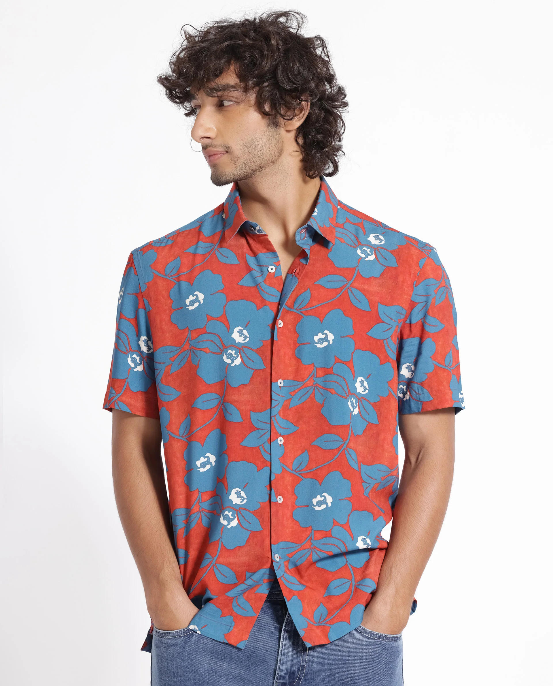 Rare Rabbit Men's Kian Dusky Orange Cotton Floral Print Regular Fit Half Sleeve Collared Shirt - Image 3