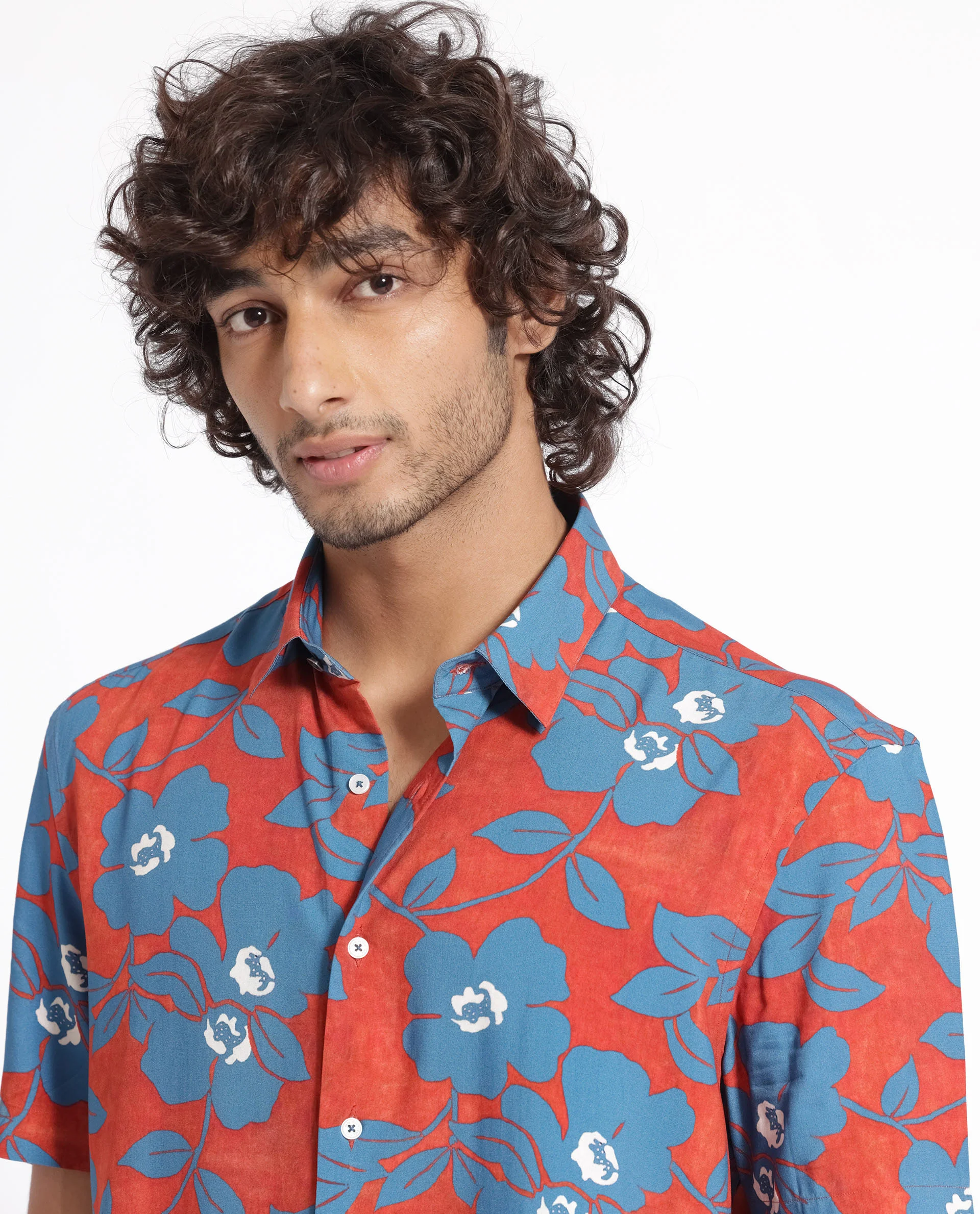 Rare Rabbit Men's Kian Dusky Orange Cotton Floral Print Regular Fit Half Sleeve Collared Shirt - Image 4