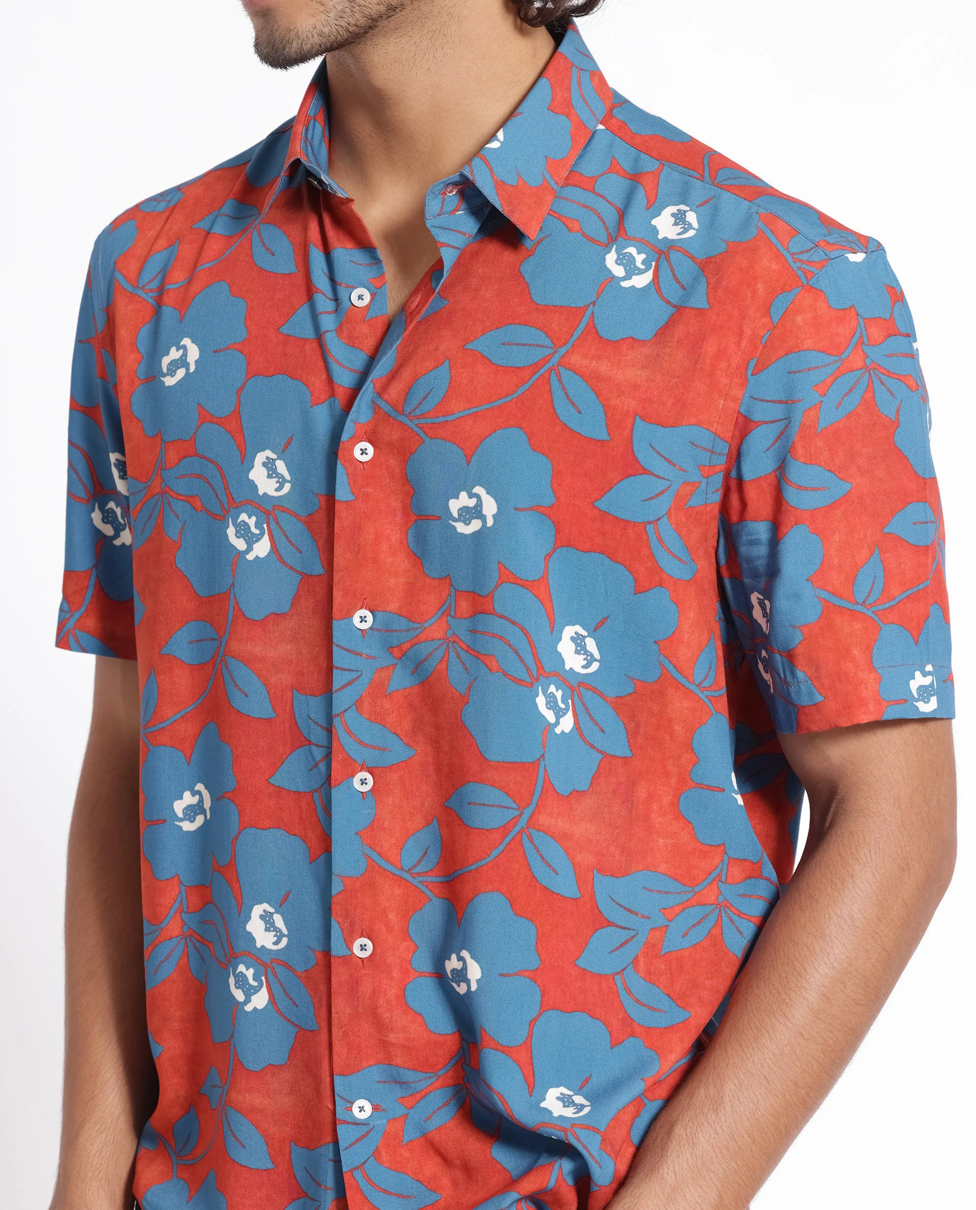 Rare Rabbit Men's Kian Dusky Orange Cotton Floral Print Regular Fit Half Sleeve Collared Shirt - Image 5