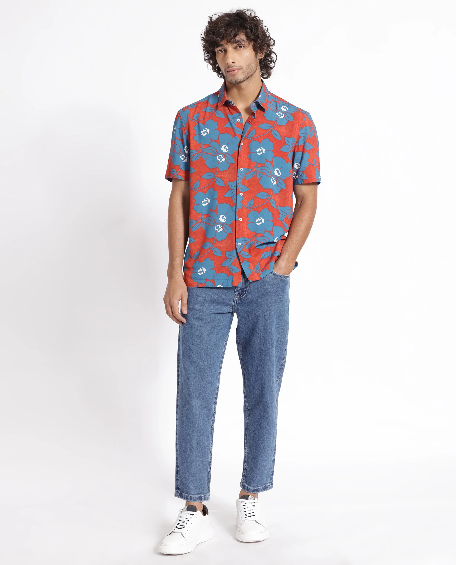 Rare Rabbit Men's Kian Dusky Orange Cotton Floral Print Regular Fit Half Sleeve Collared Shirt - Image 6