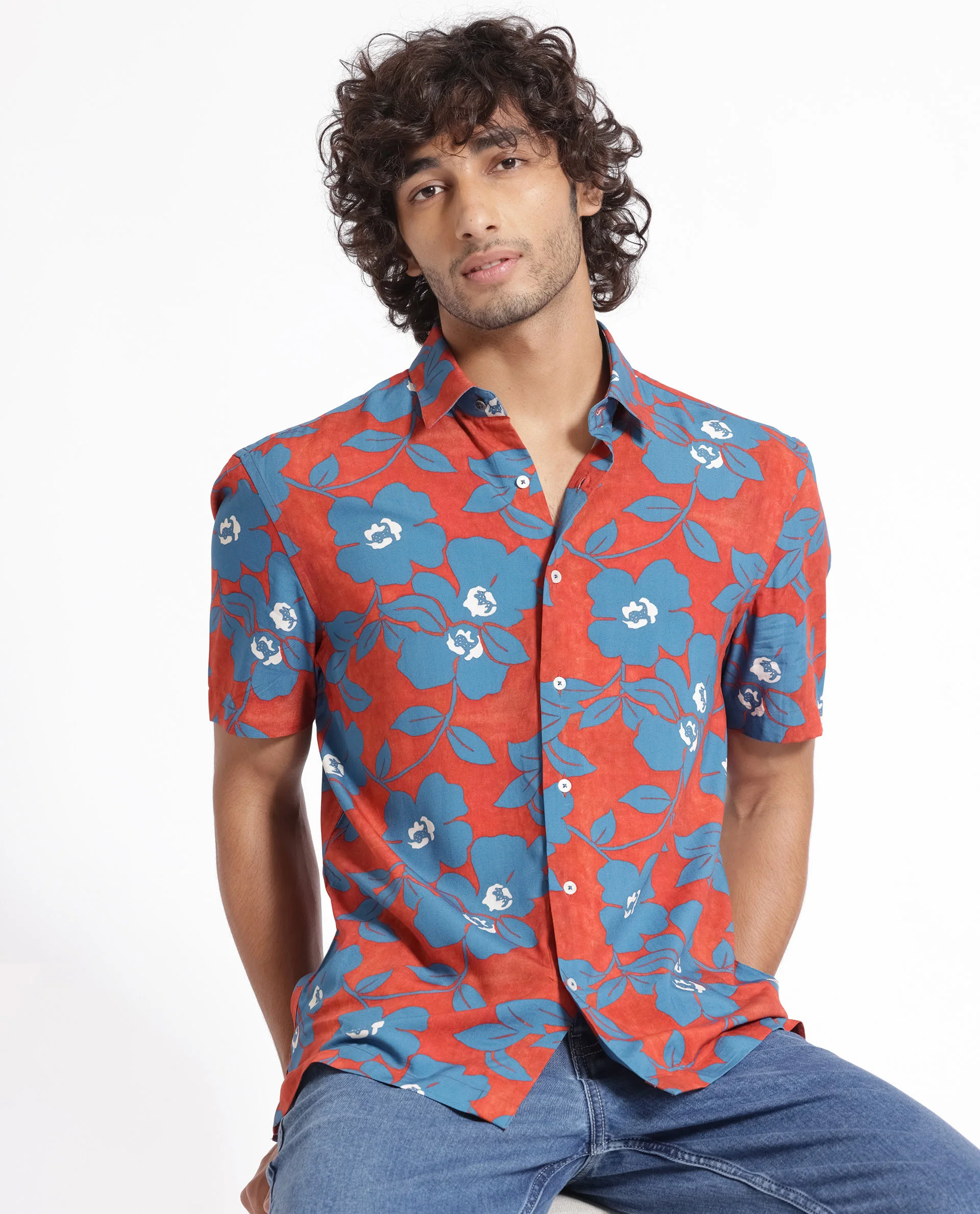 Rare Rabbit Men's Kian Dusky Orange Cotton Floral Print Regular Fit Half Sleeve Collared Shirt - Image 7