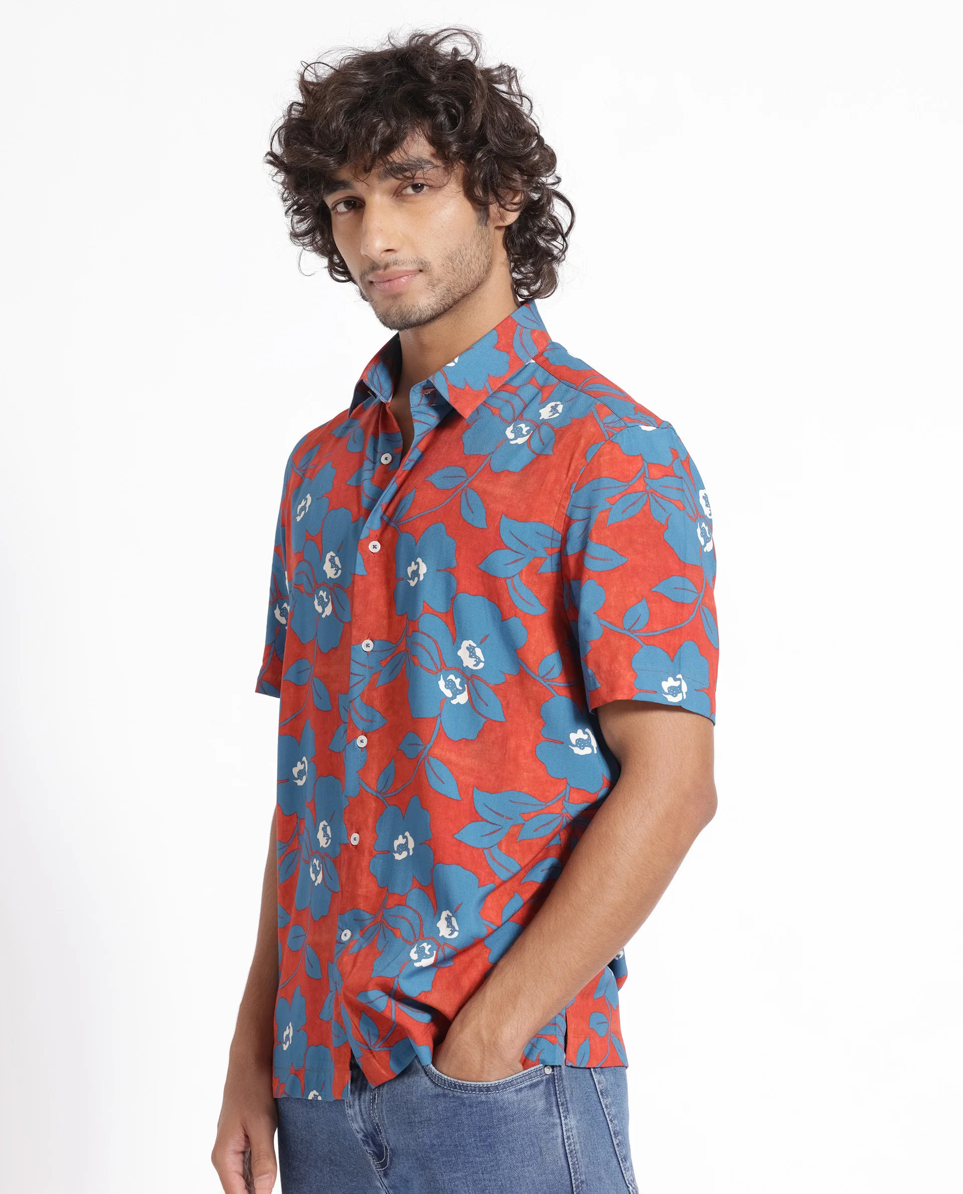 Rare Rabbit Men's Kian Dusky Orange Cotton Floral Print Regular Fit Half Sleeve Collared Shirt - Image 9
