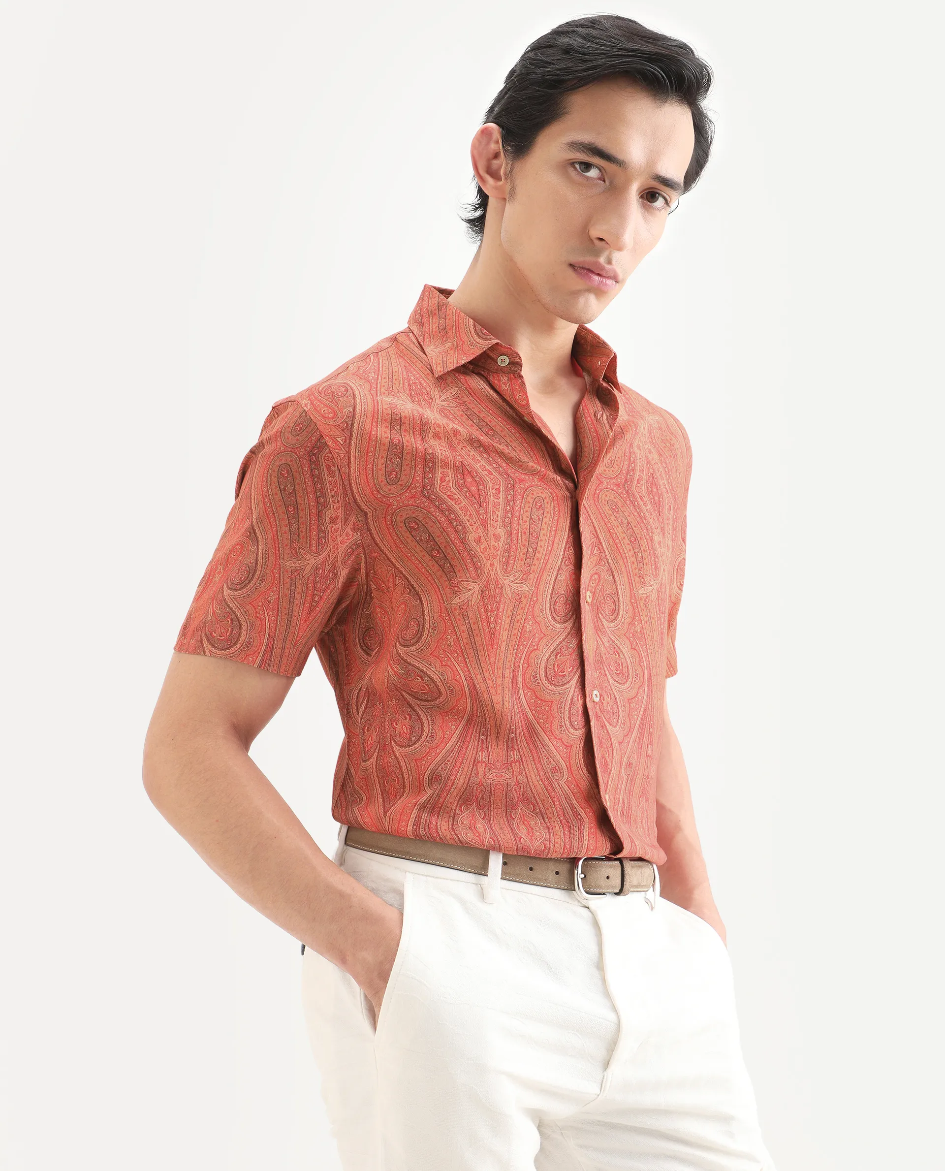 Rare Rabbit Men's Kian Red Viscose Fabric Half Sleeve Spread Collar Regular Fit Paisley Print Shirt