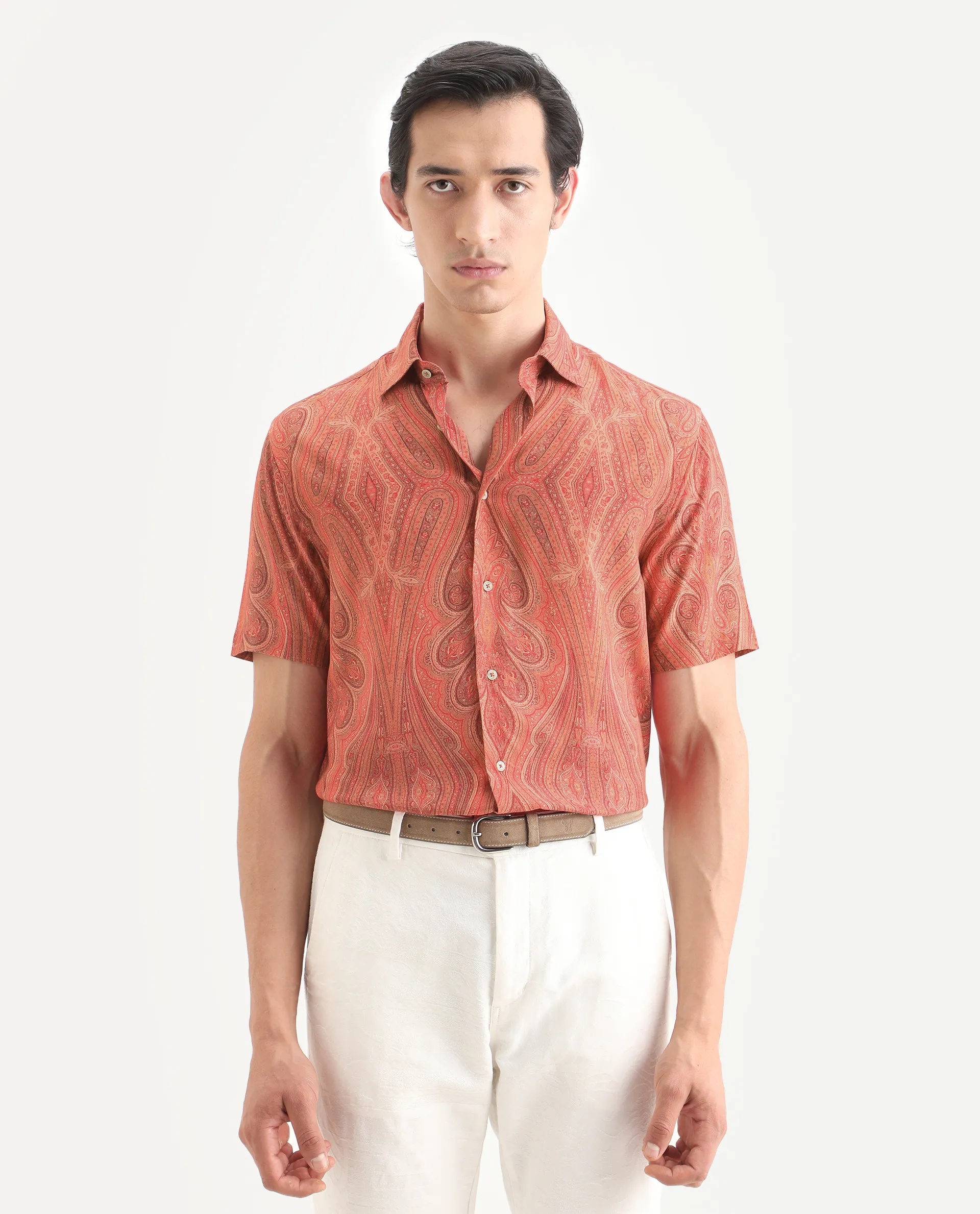 Rare Rabbit Men's Kian Red Viscose Fabric Half Sleeve Spread Collar Regular Fit Paisley Print Shirt - Image 3