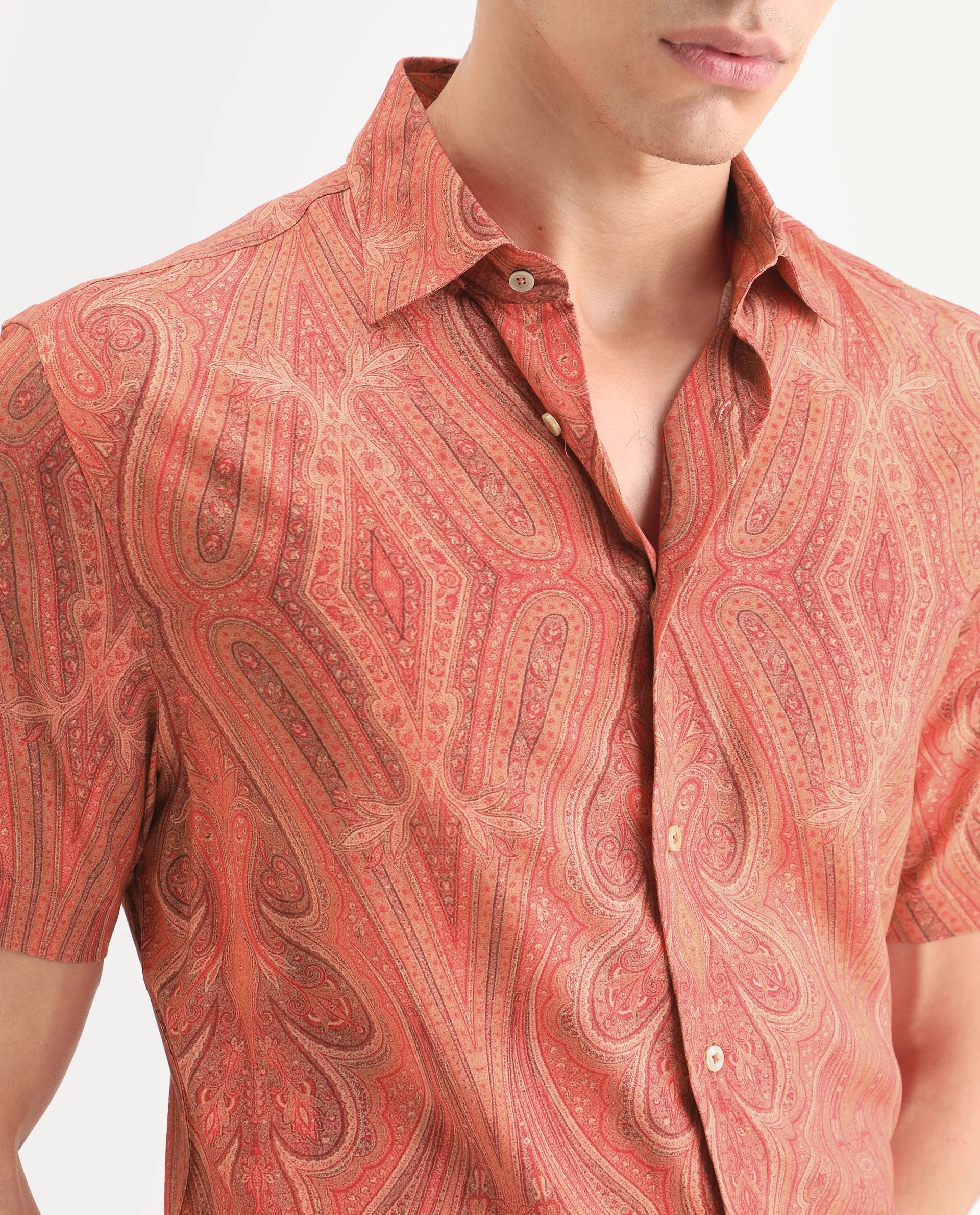 Rare Rabbit Men's Kian Red Viscose Fabric Half Sleeve Spread Collar Regular Fit Paisley Print Shirt - Image 4
