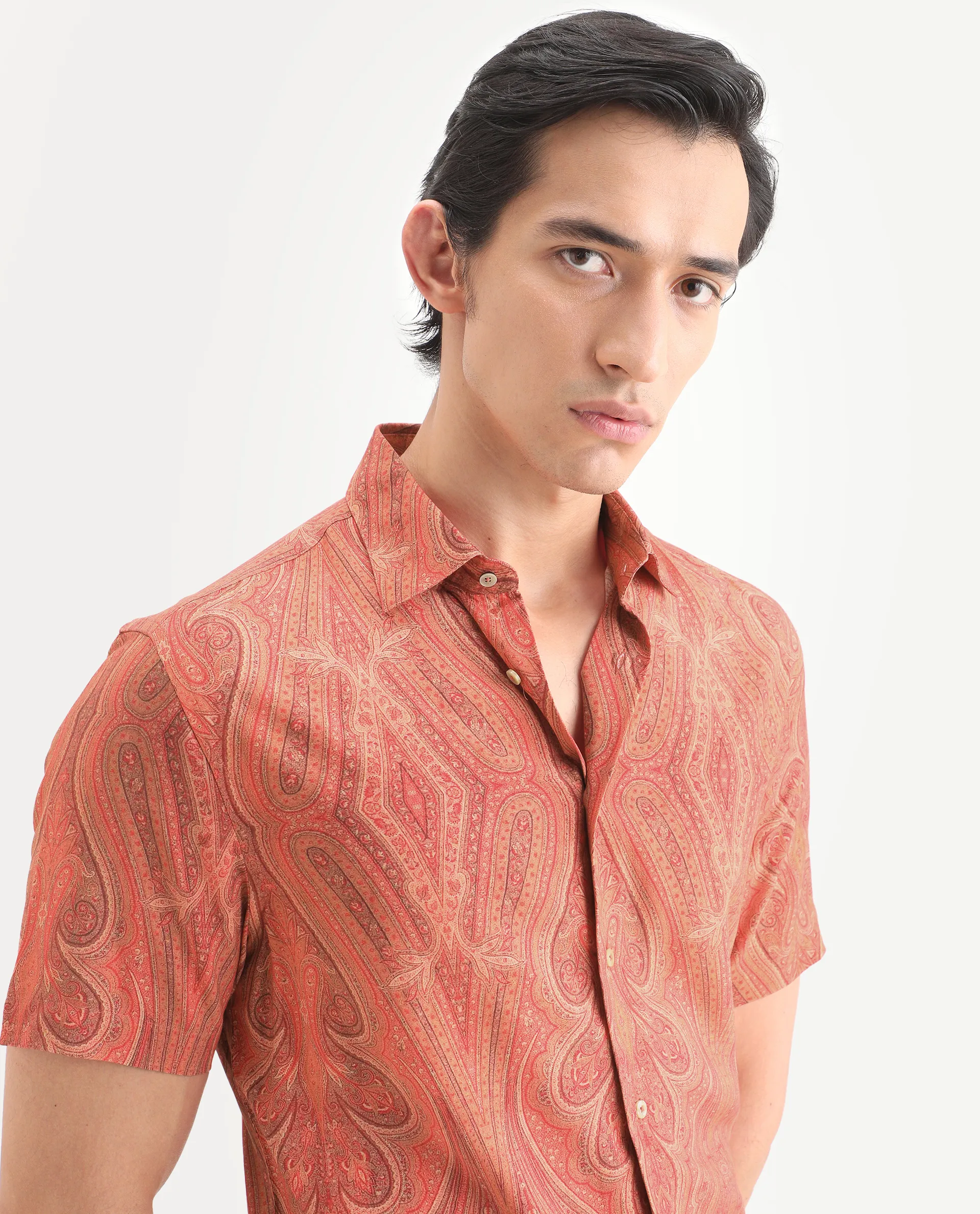 Rare Rabbit Men's Kian Red Viscose Fabric Half Sleeve Spread Collar Regular Fit Paisley Print Shirt - Image 5