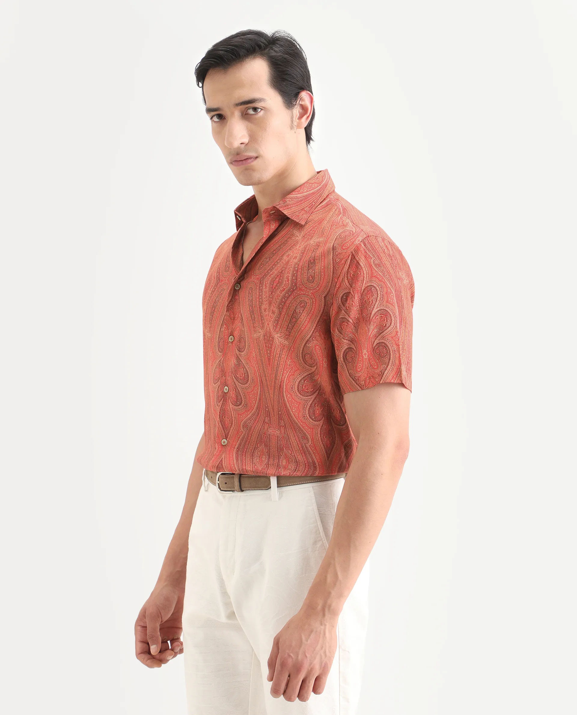 Rare Rabbit Men's Kian Red Viscose Fabric Half Sleeve Spread Collar Regular Fit Paisley Print Shirt - Image 6