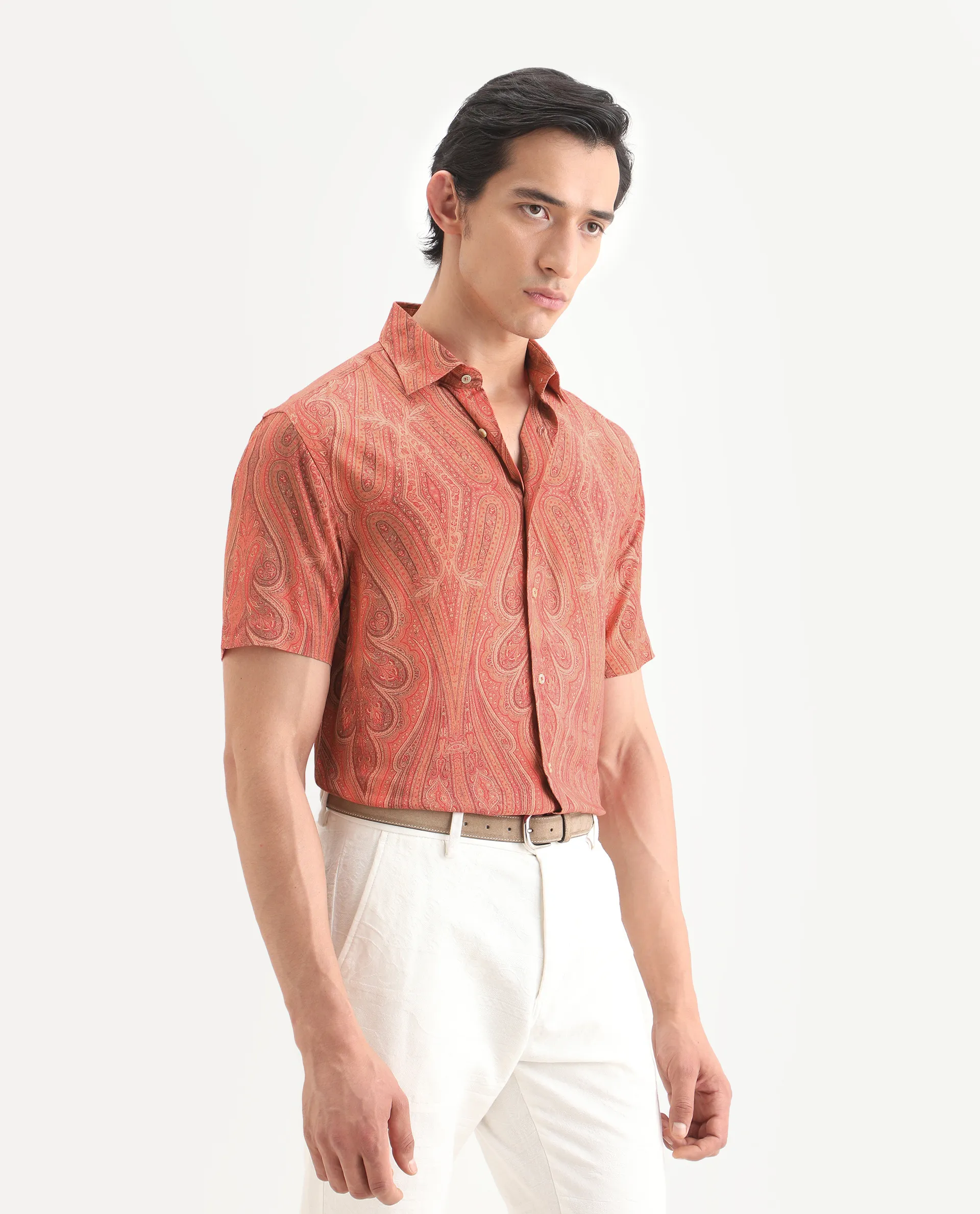 Rare Rabbit Men's Kian Red Viscose Fabric Half Sleeve Spread Collar Regular Fit Paisley Print Shirt - Image 7