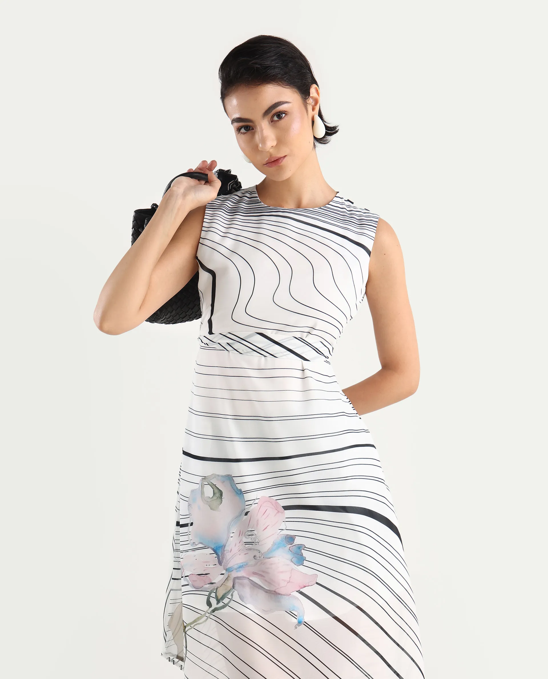 Rareism Women's Kibed Multi Polyester Crew Neck Floral Print Sleeveless Midi Fit And Flare Dress - Image 2