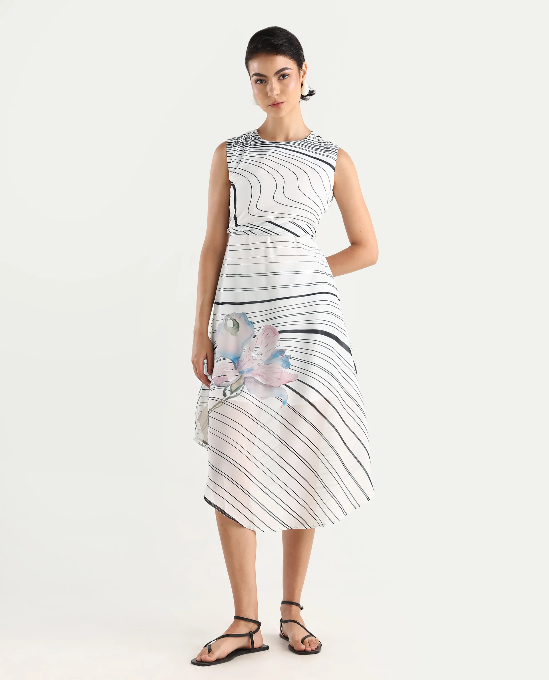 Rareism Women's Kibed Multi Polyester Crew Neck Floral Print Sleeveless Midi Fit And Flare Dress - Image 3