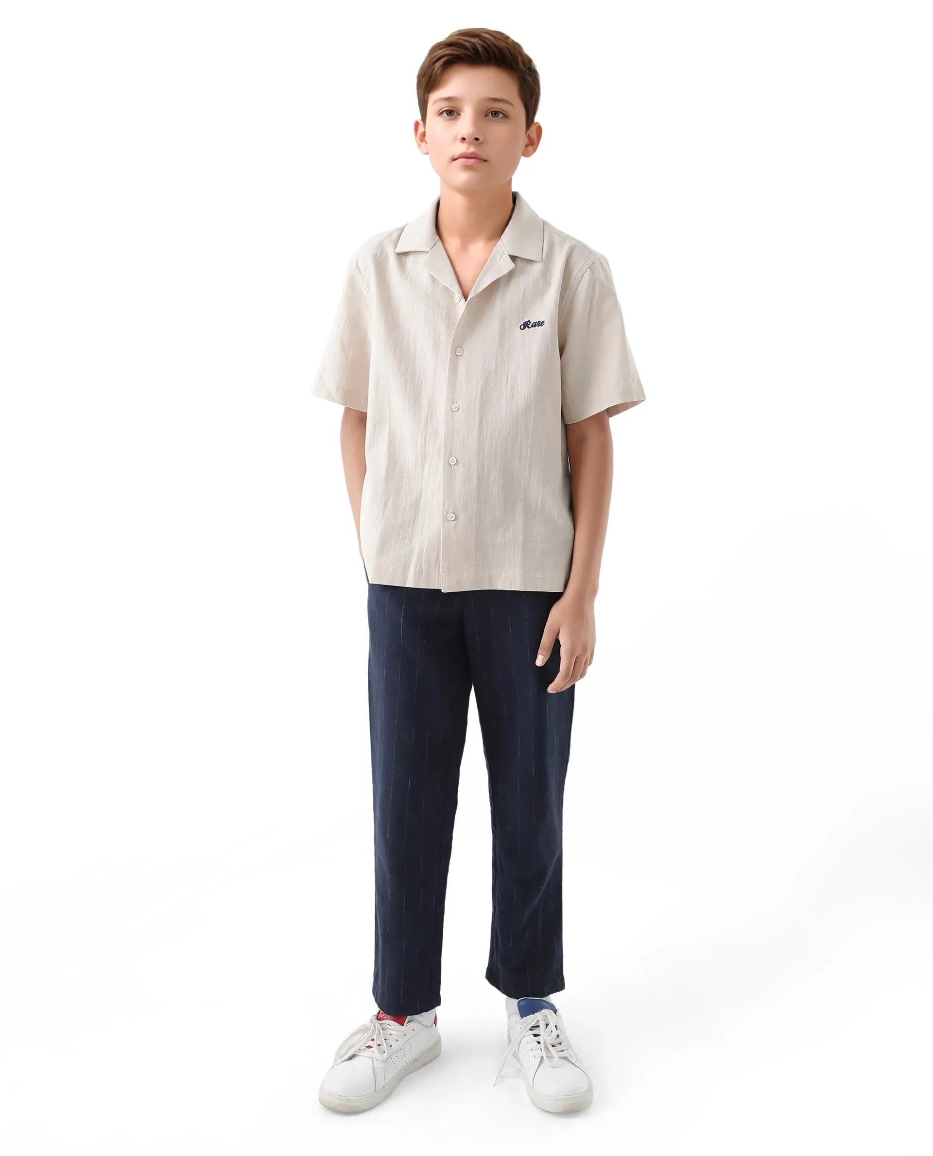 Rare Ones Kids Alma Beige Cotton Half Sleeve Button Solid Regular Fit Shirt - Image 2