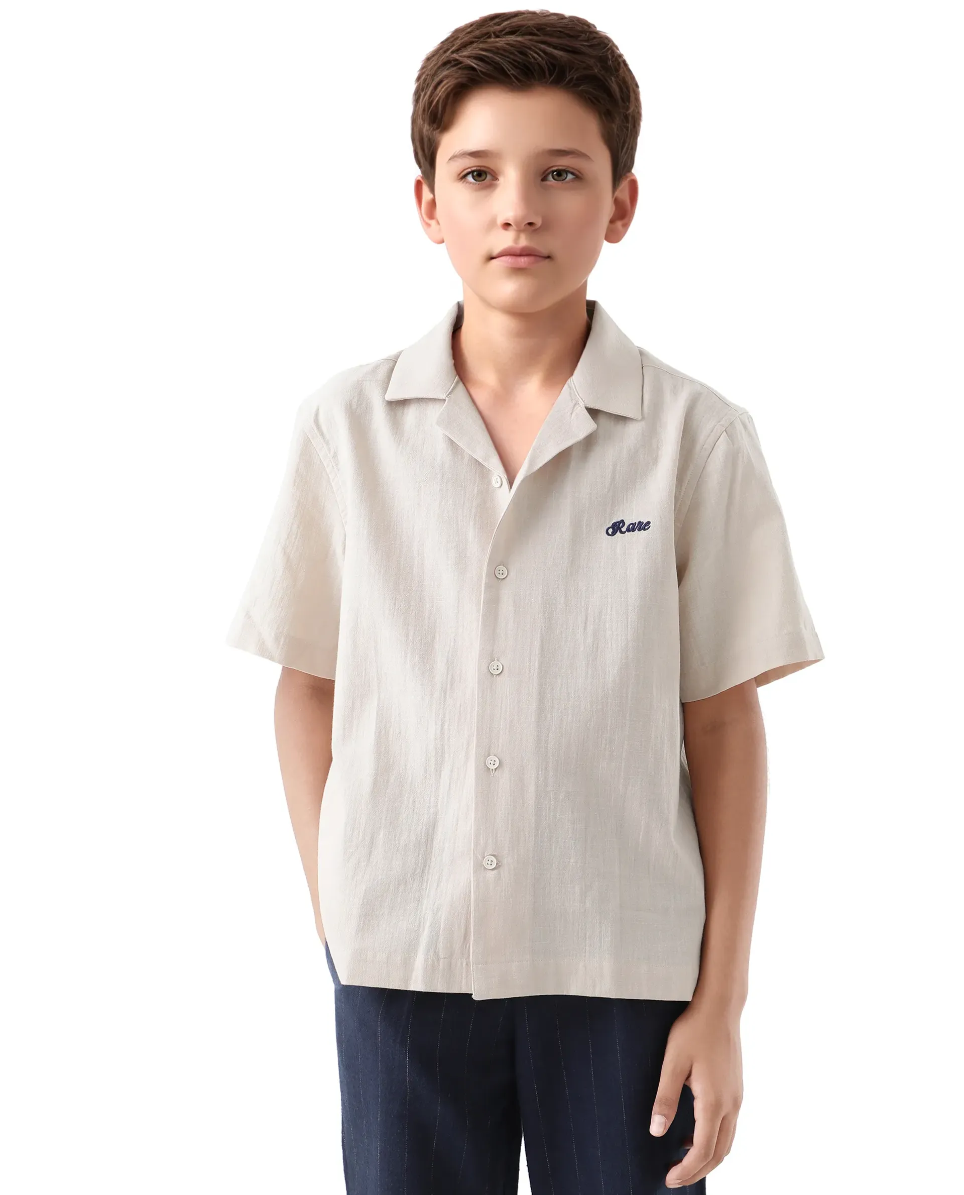 Rare Ones Kids Alma Beige Cotton Half Sleeve Button Solid Regular Fit Shirt - Image 3