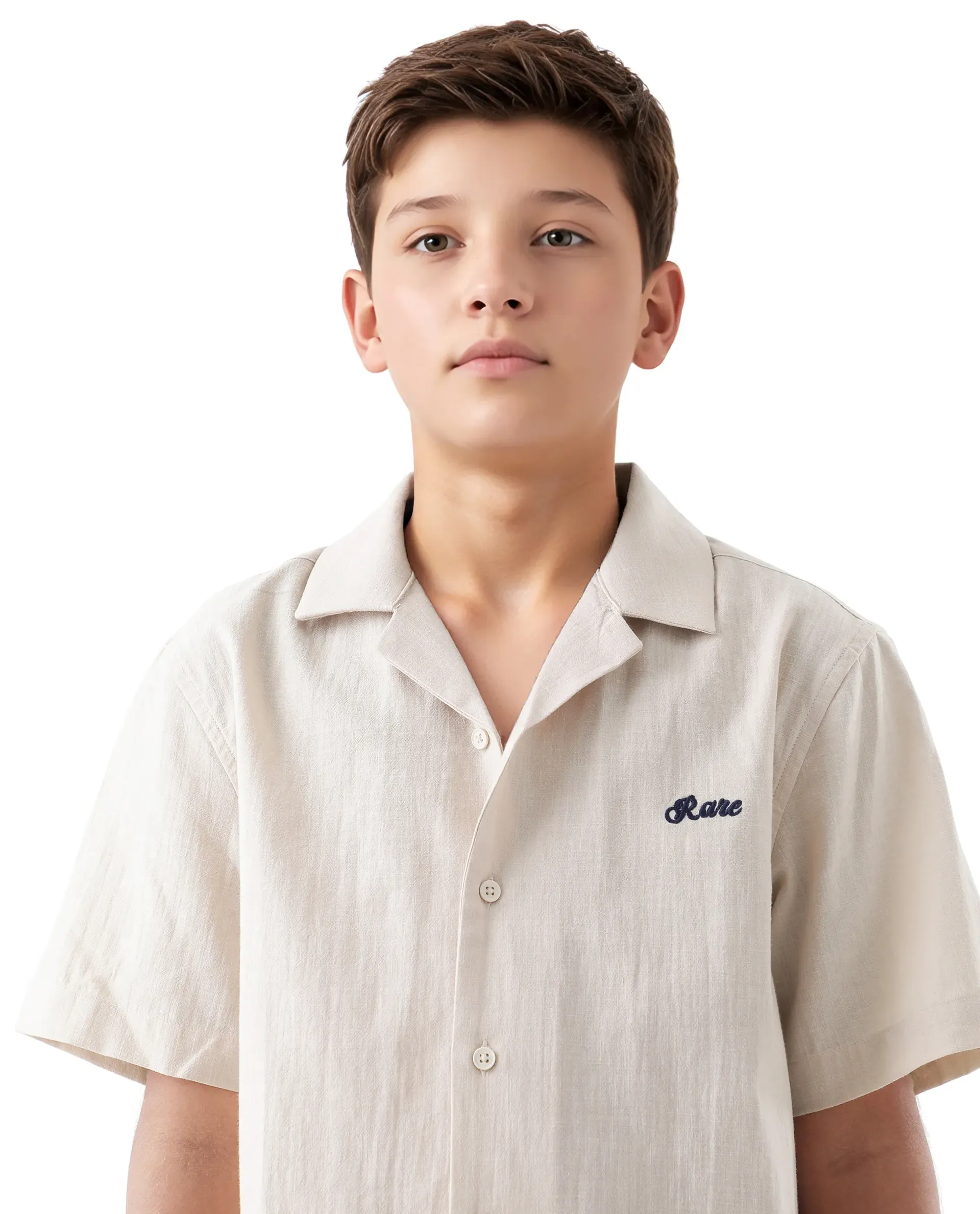 Rare Ones Kids Alma Beige Cotton Half Sleeve Button Solid Regular Fit Shirt - Image 4