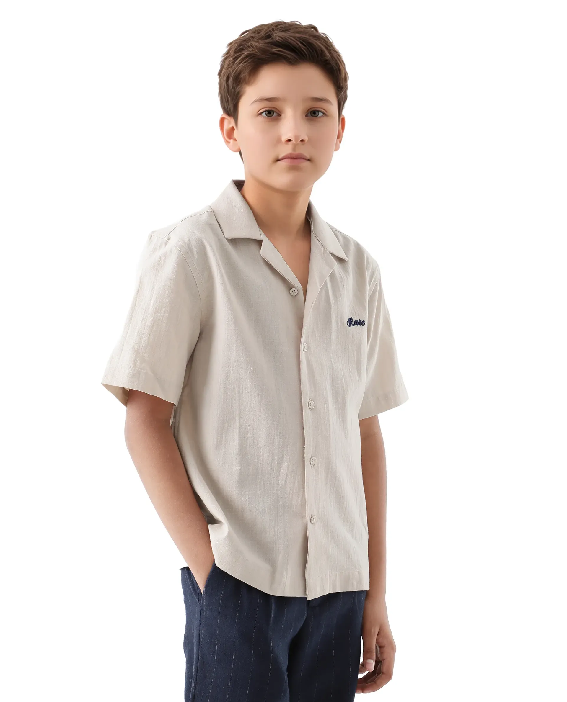 Rare Ones Kids Alma Beige Cotton Half Sleeve Button Solid Regular Fit Shirt - Image 7