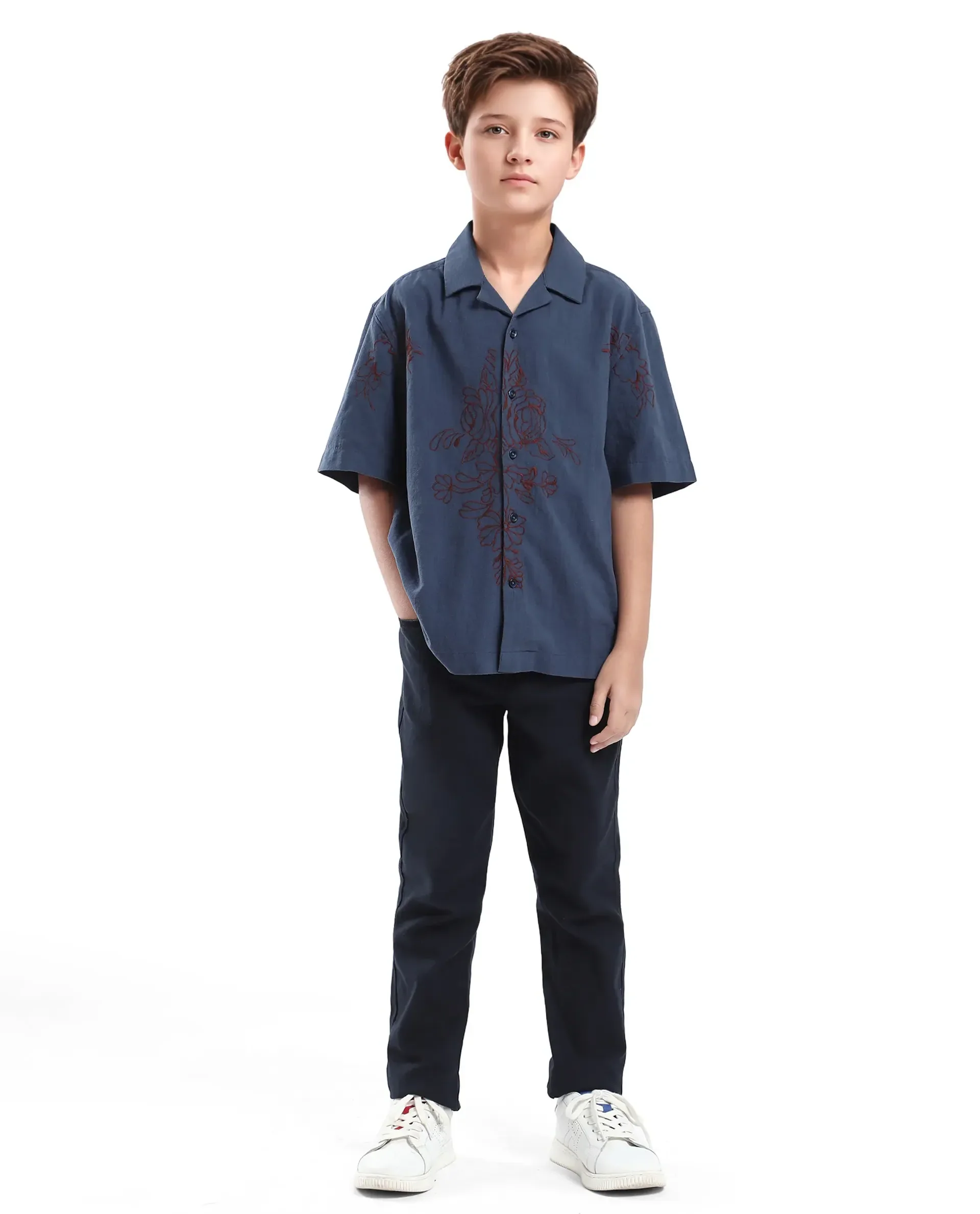 Rare Ones Kids Aria Dusky Blue Cotton Blend Half Sleeve Embroidered Button Closure Regular Fit Shirt - Image 2