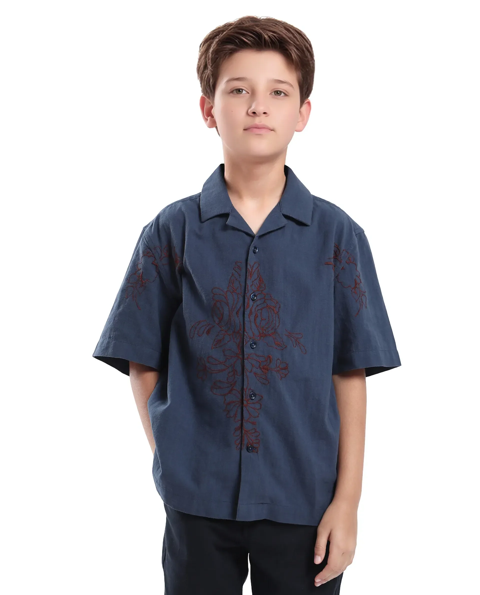 Rare Ones Kids Aria Dusky Blue Cotton Blend Half Sleeve Embroidered Button Closure Regular Fit Shirt - Image 3