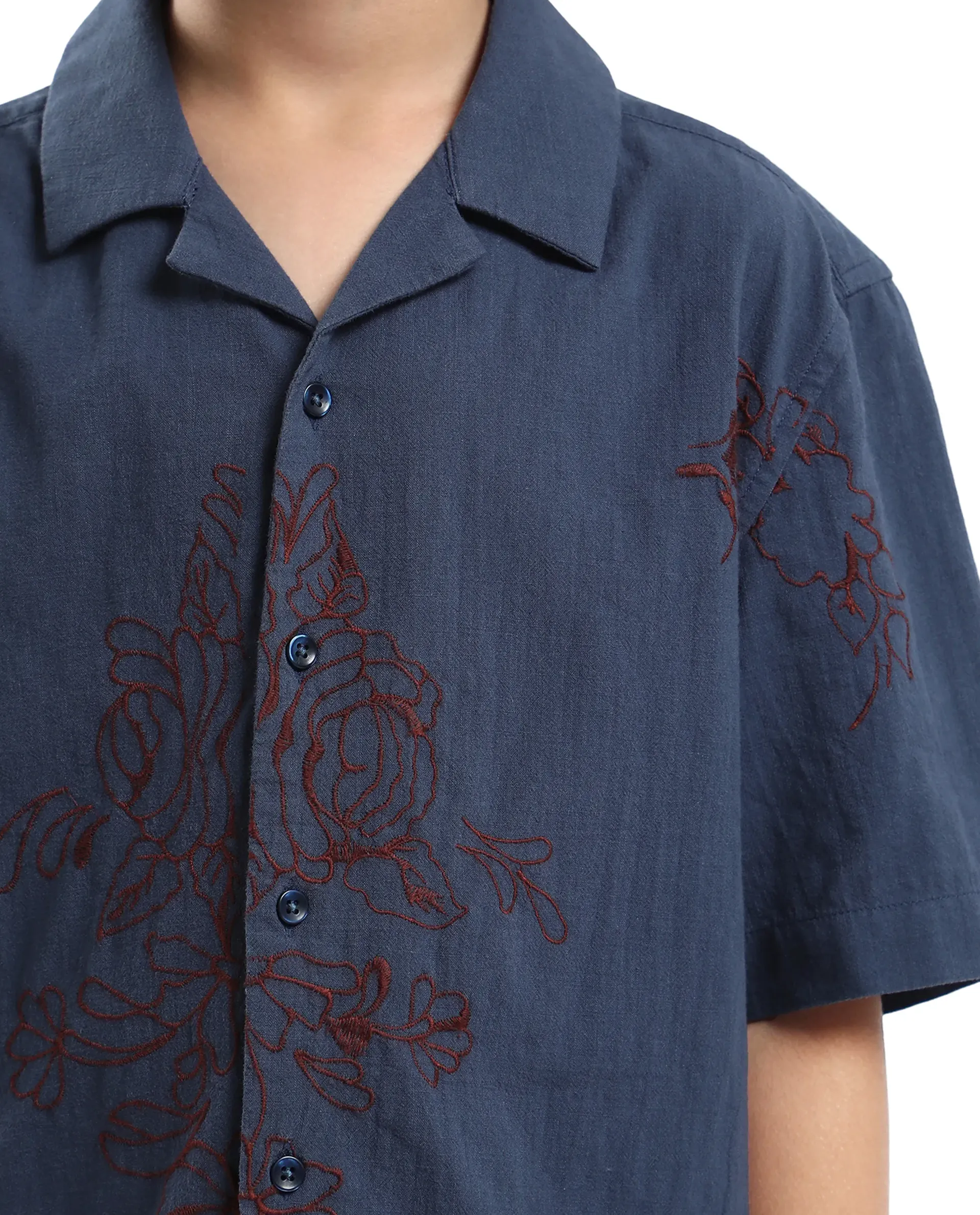 Rare Ones Kids Aria Dusky Blue Cotton Blend Half Sleeve Embroidered Button Closure Regular Fit Shirt - Image 4