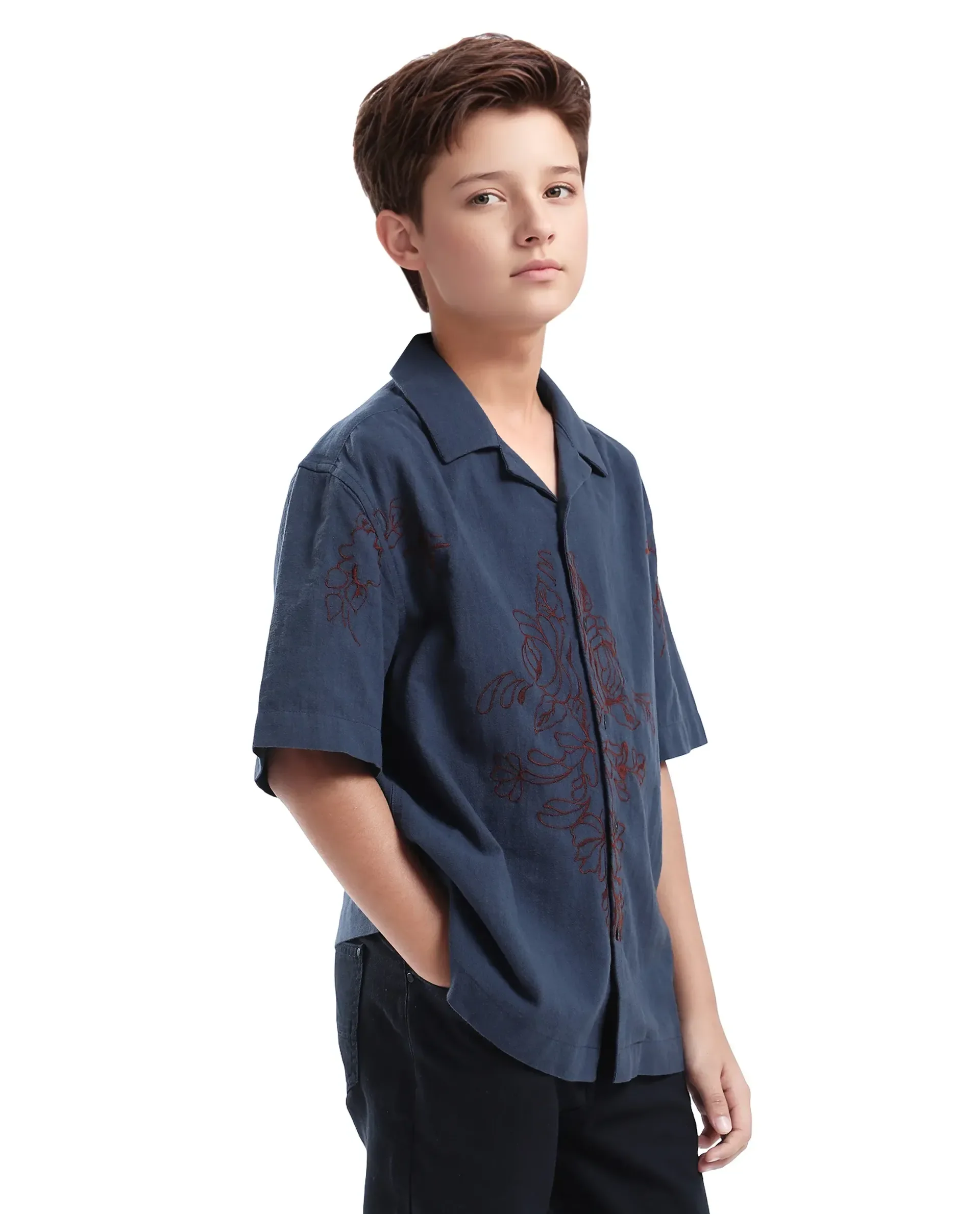Rare Ones Kids Aria Dusky Blue Cotton Blend Half Sleeve Embroidered Button Closure Regular Fit Shirt - Image 5