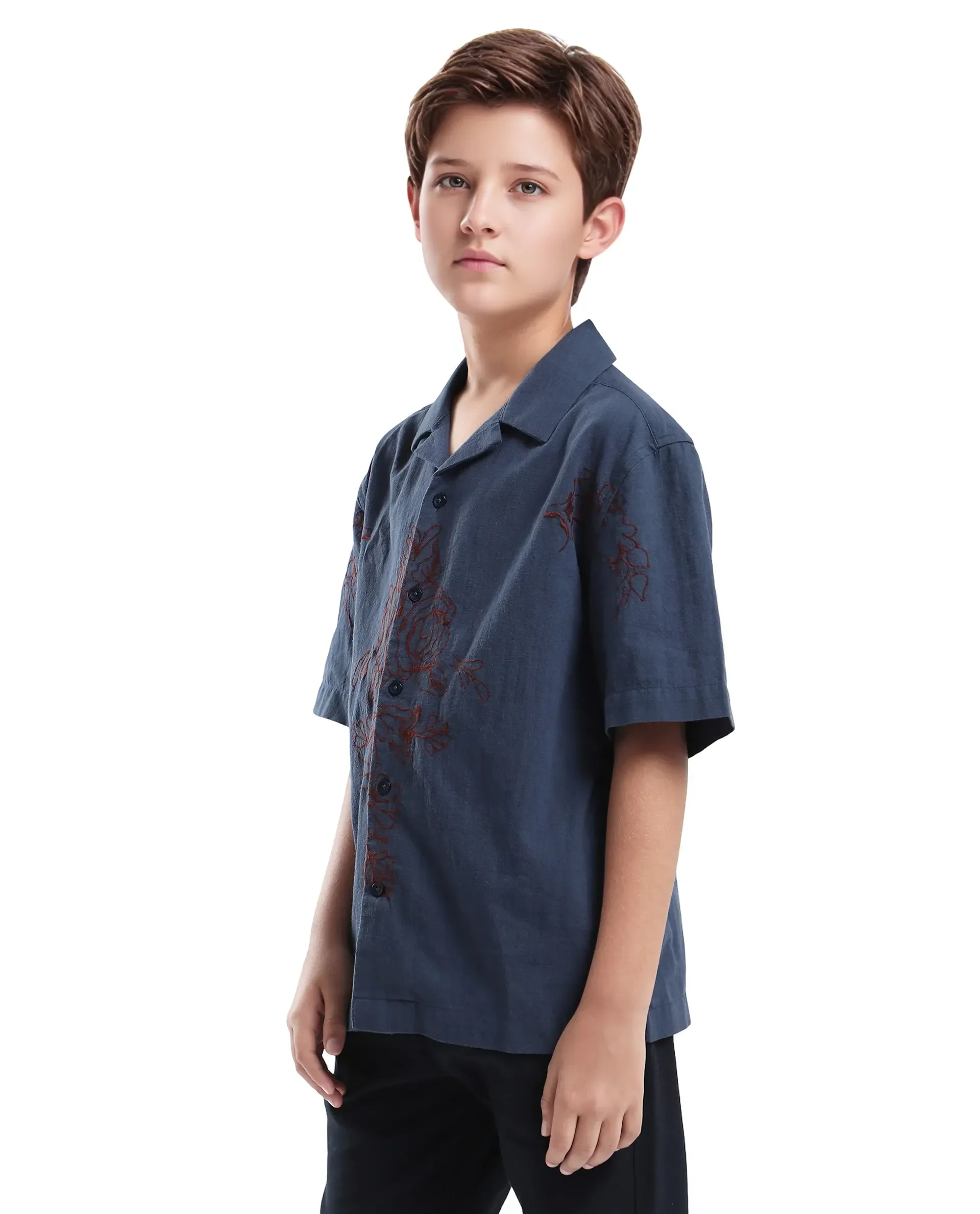Rare Ones Kids Aria Dusky Blue Cotton Blend Half Sleeve Embroidered Button Closure Regular Fit Shirt - Image 6
