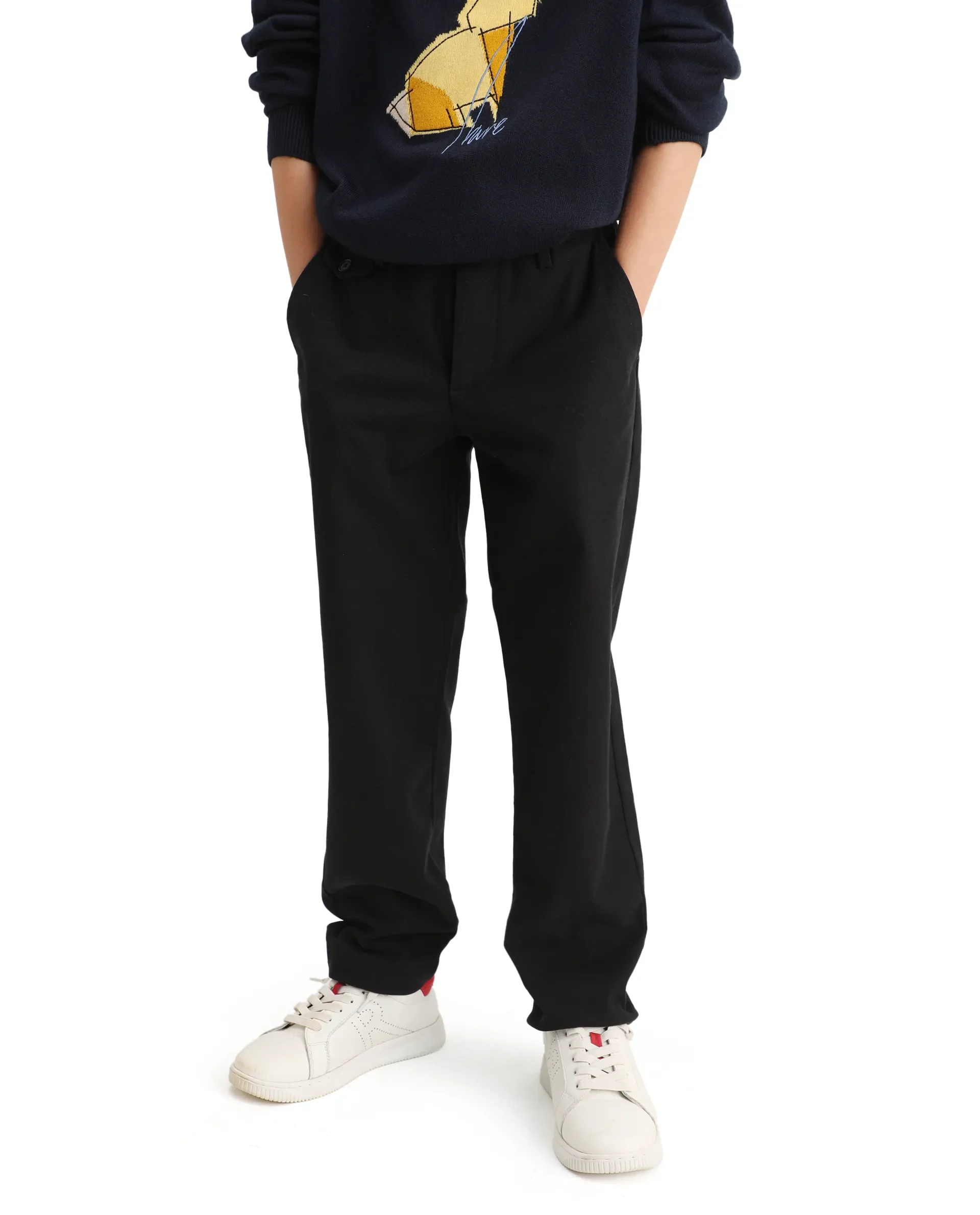 Rare Ones Kids Arne-K Black Cotton Blend Solid Button Closure Regular Fit Trouser - Image 2