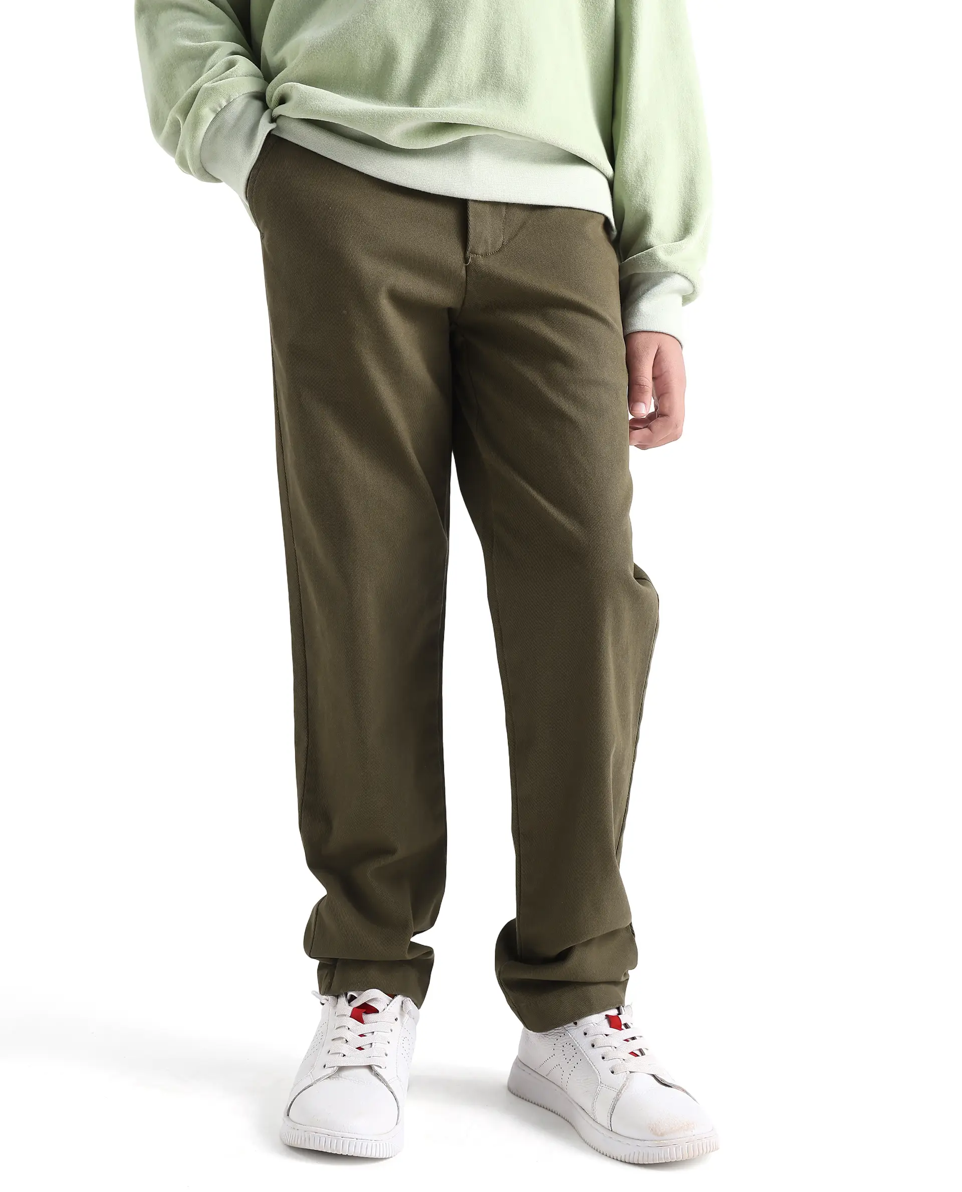 Rare Ones Kids Arne-K Olive Cotton Blend Solid Button Closure Regular Fit Trouser - Image 2