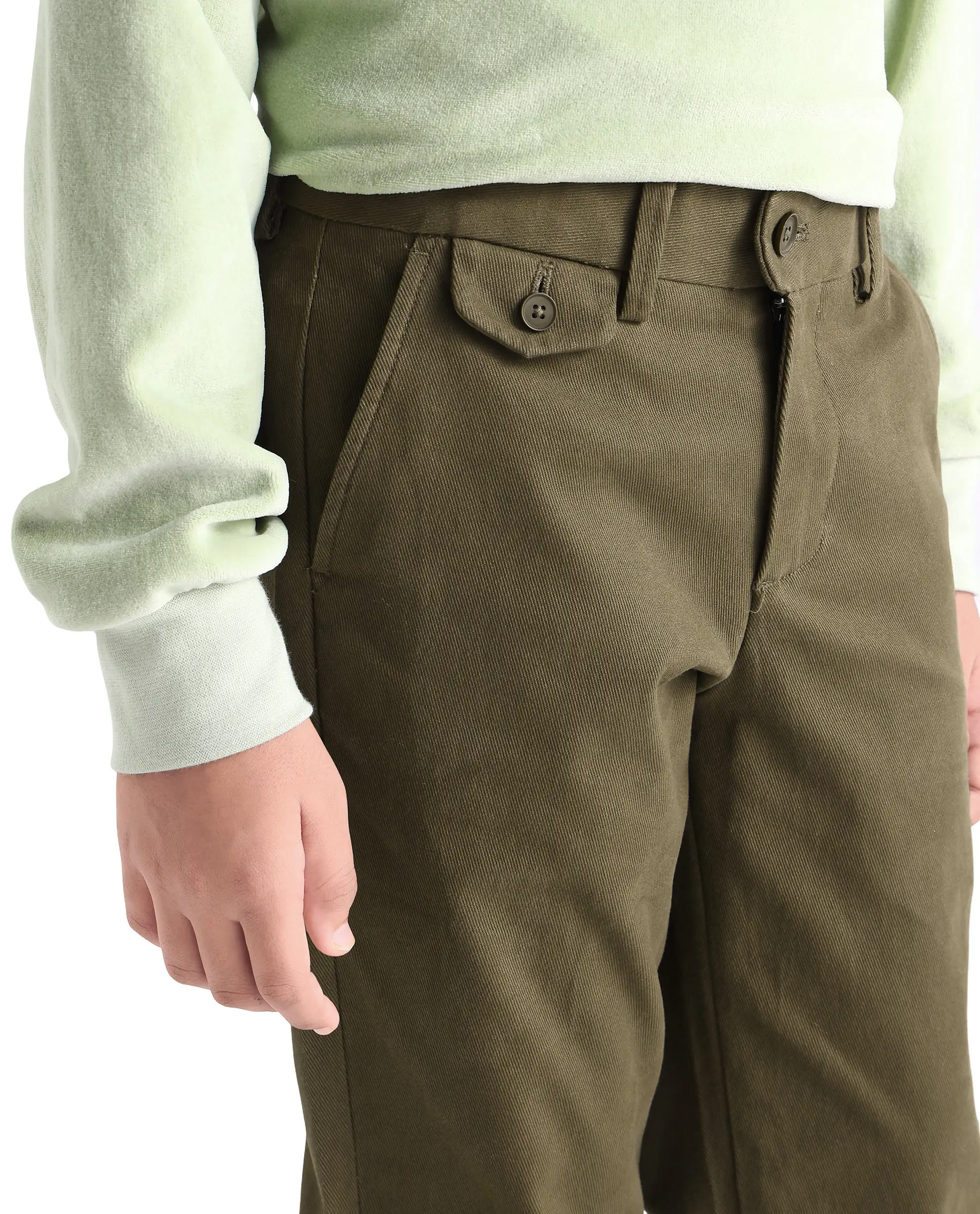 Rare Ones Kids Arne-K Olive Cotton Blend Solid Button Closure Regular Fit Trouser - Image 3