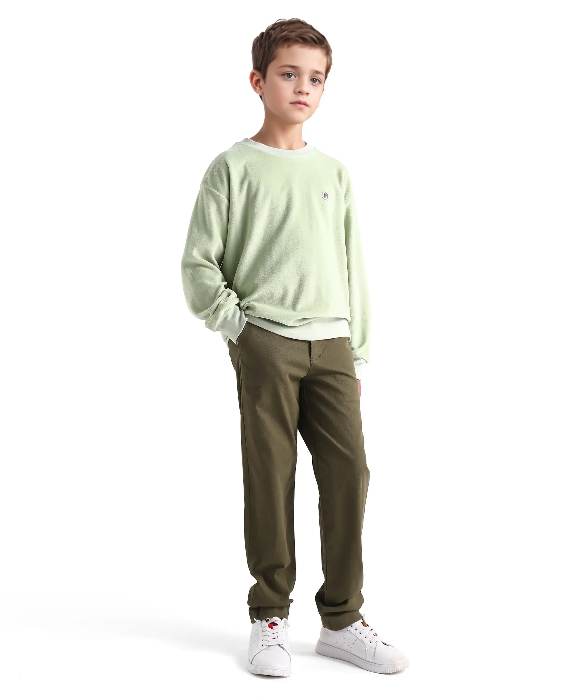 Rare Ones Kids Arne-K Olive Cotton Blend Solid Button Closure Regular Fit Trouser - Image 6