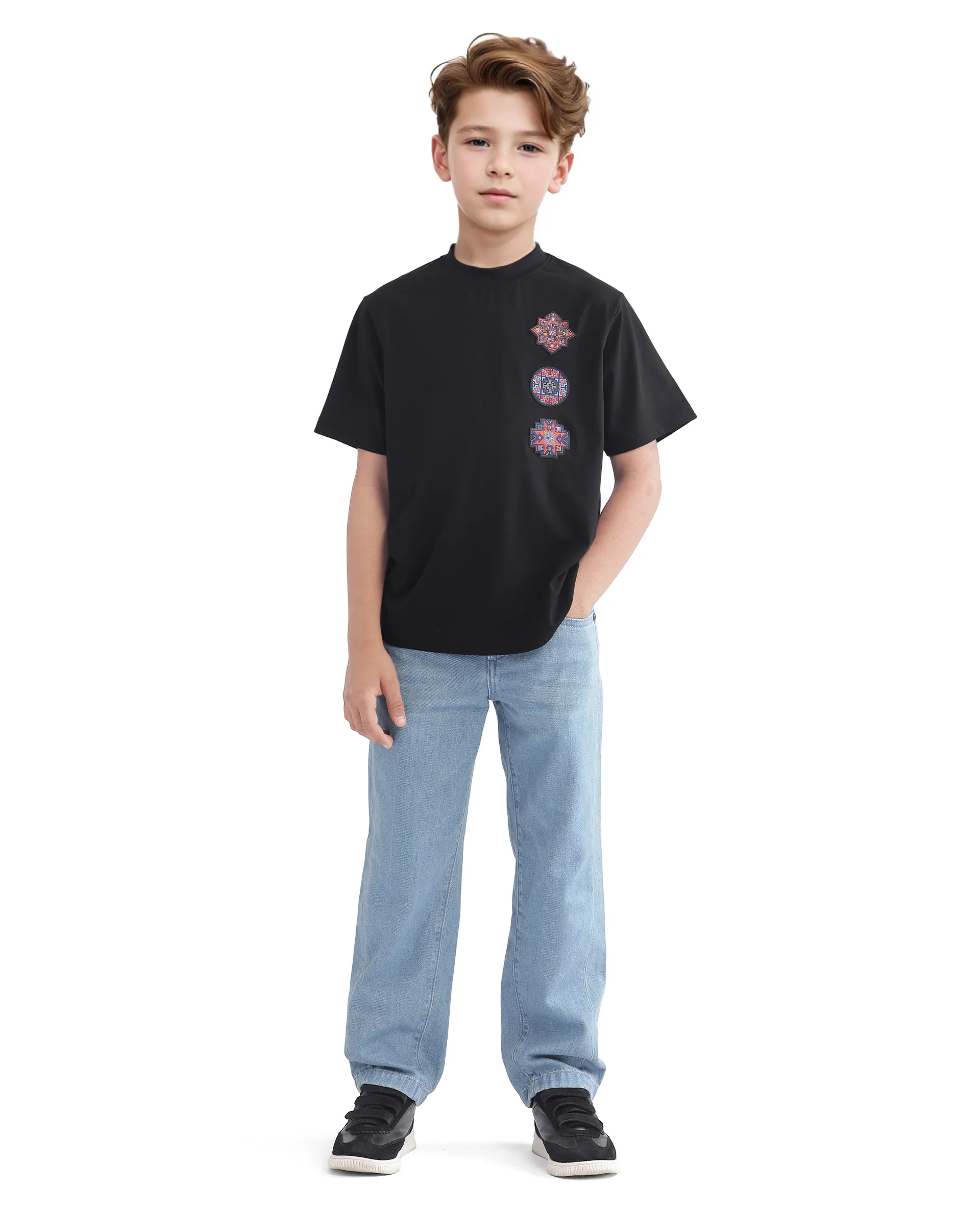 Rare Ones Kids Bale-K Black Cotton Blend Half Sleeve Slip-On Applique Regular Fit T-Shirt - Image 2
