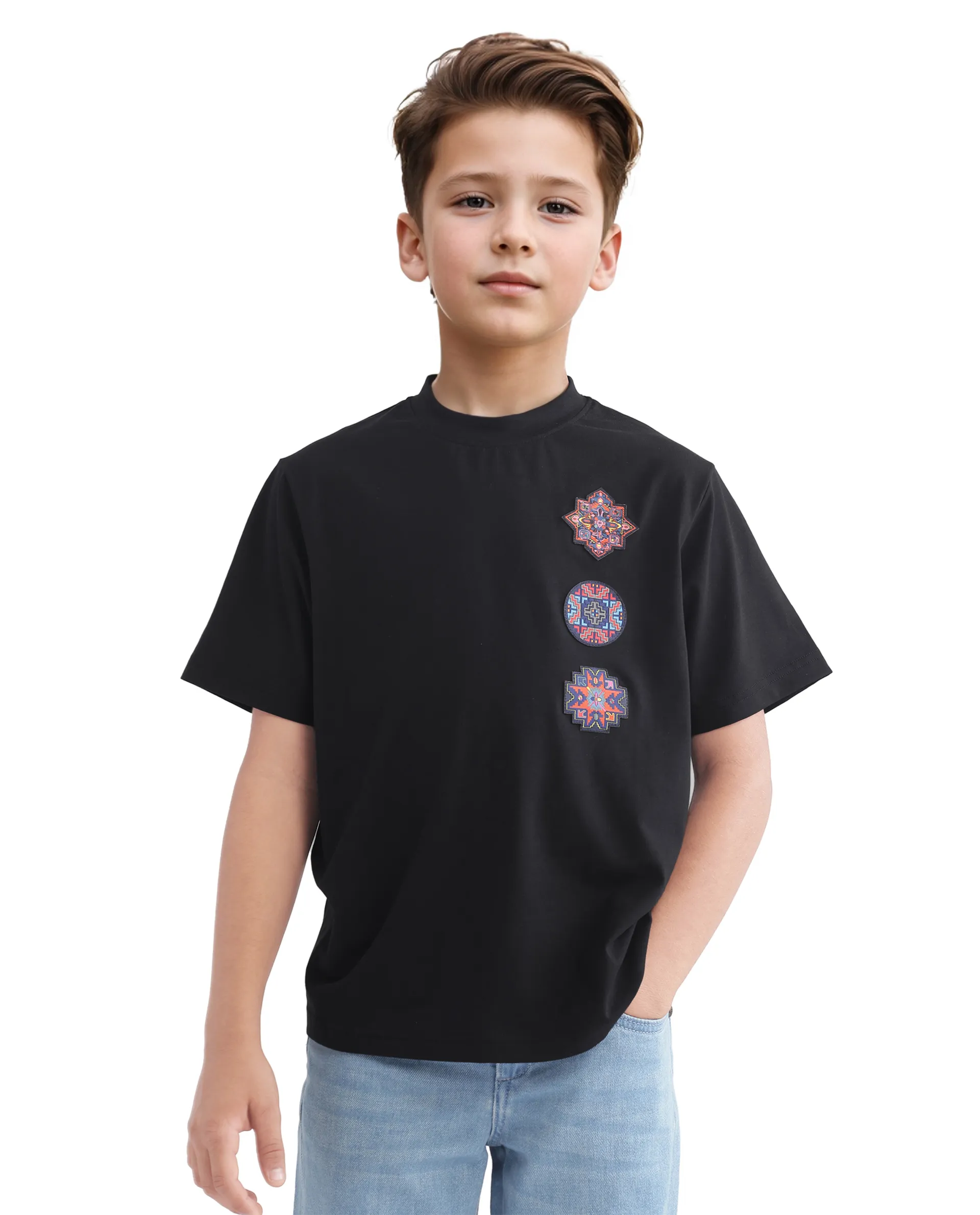 Rare Ones Kids Bale-K Black Cotton Blend Half Sleeve Slip-On Applique Regular Fit T-Shirt - Image 3