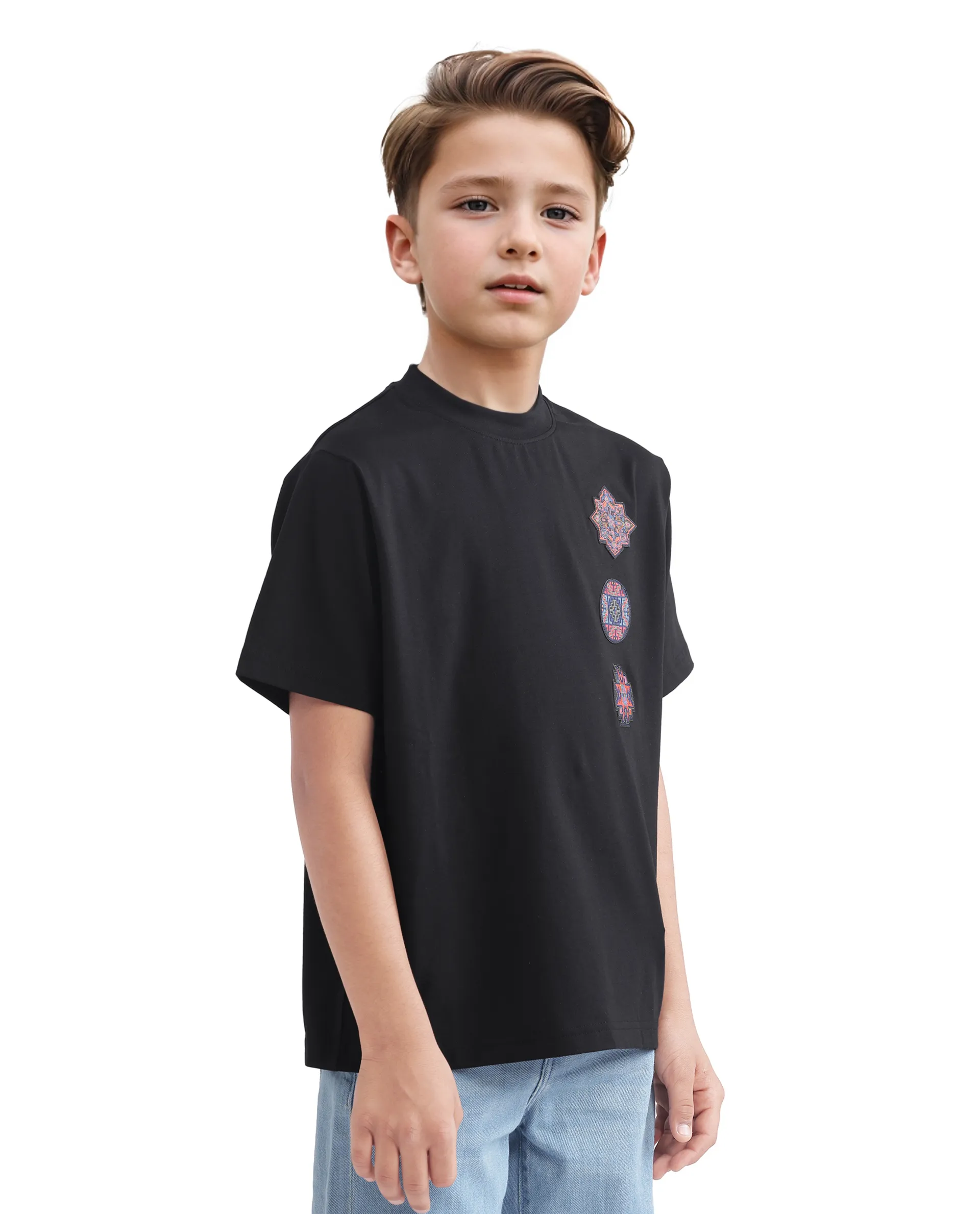 Rare Ones Kids Bale-K Black Cotton Blend Half Sleeve Slip-On Applique Regular Fit T-Shirt - Image 7