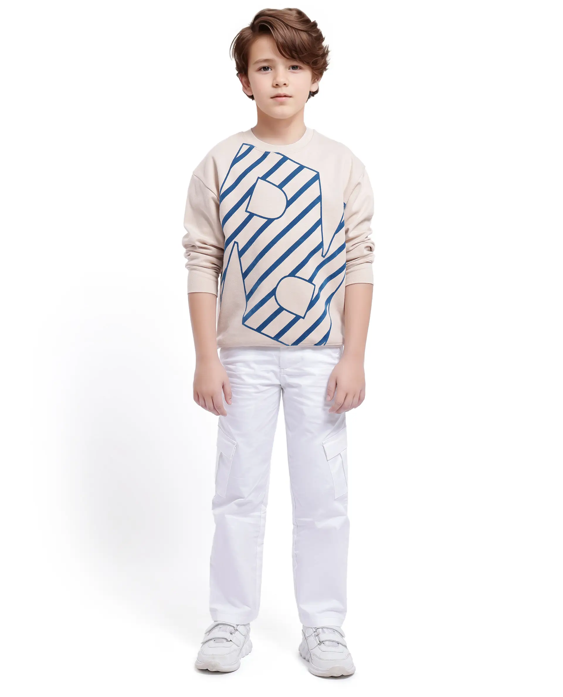 Rare Ones Kids Baros Beige Cotton Full Sleeve Crew Neck Flock Print Logo Sweatshirt - Image 3