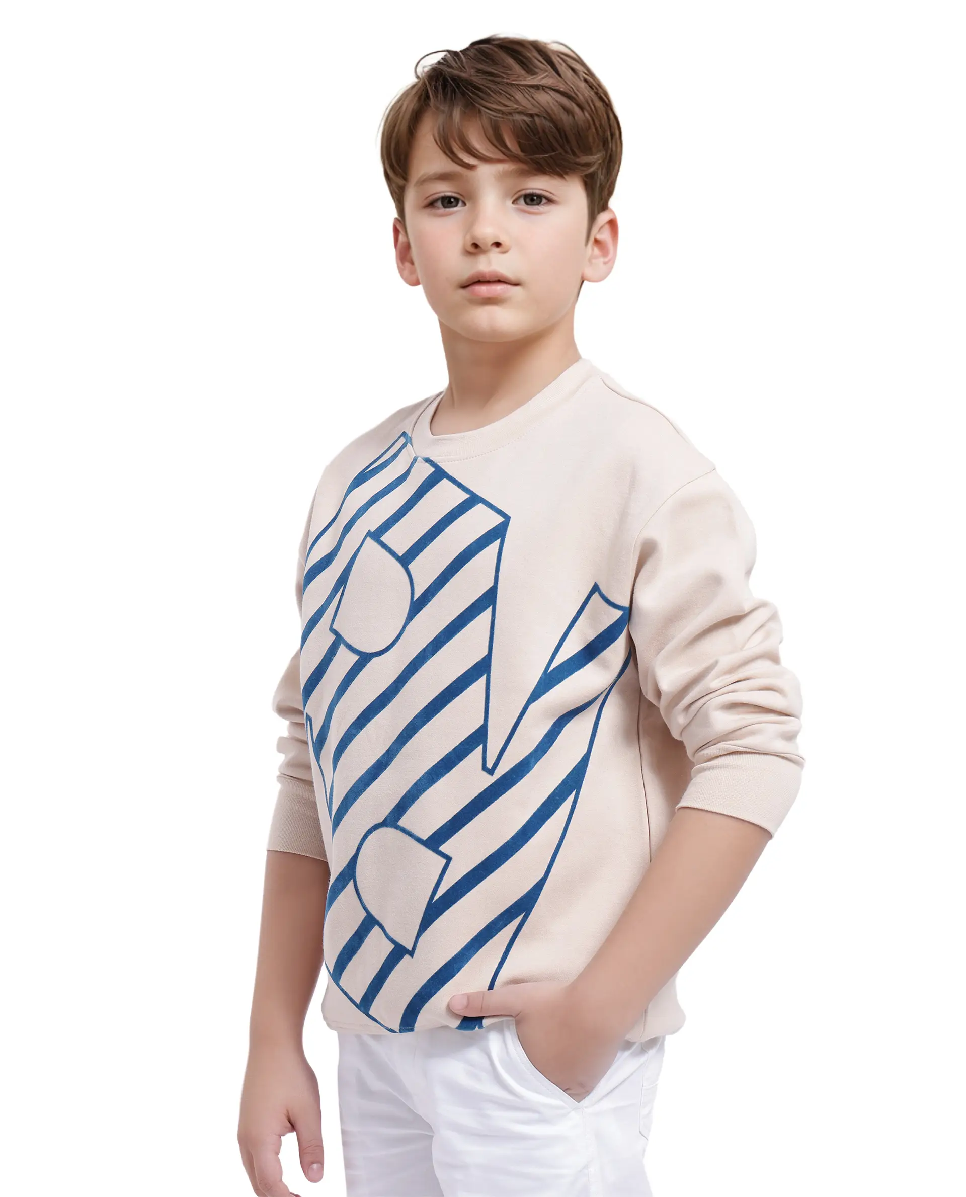 Rare Ones Kids Baros Beige Cotton Full Sleeve Crew Neck Flock Print Logo Sweatshirt - Image 8
