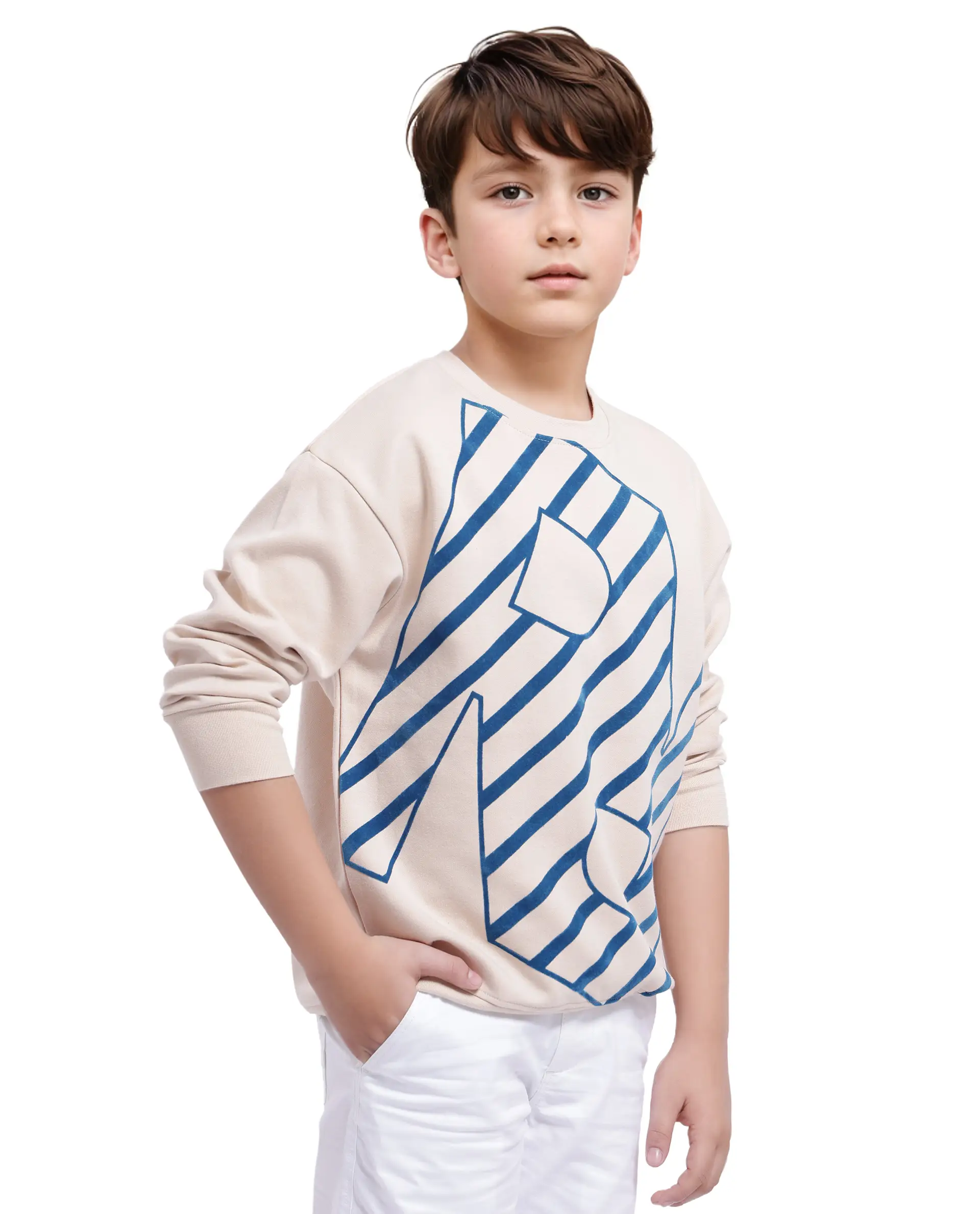 Rare Ones Kids Baros Beige Cotton Full Sleeve Crew Neck Flock Print Logo Sweatshirt - Image 9