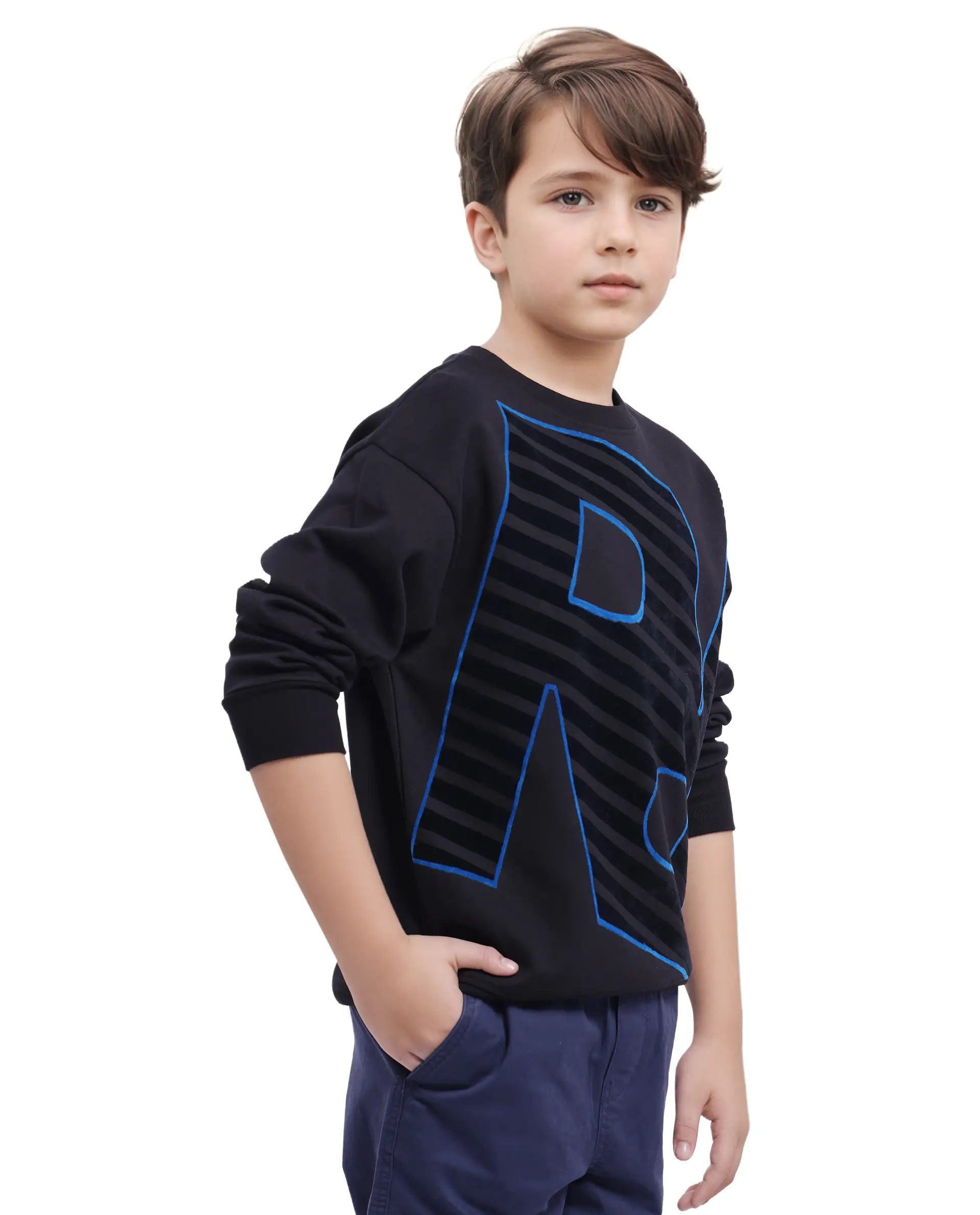 Rare Ones Kids Baros Black Cotton Full Sleeve Crew Neck Flock Print Sweatshirt - Image 6