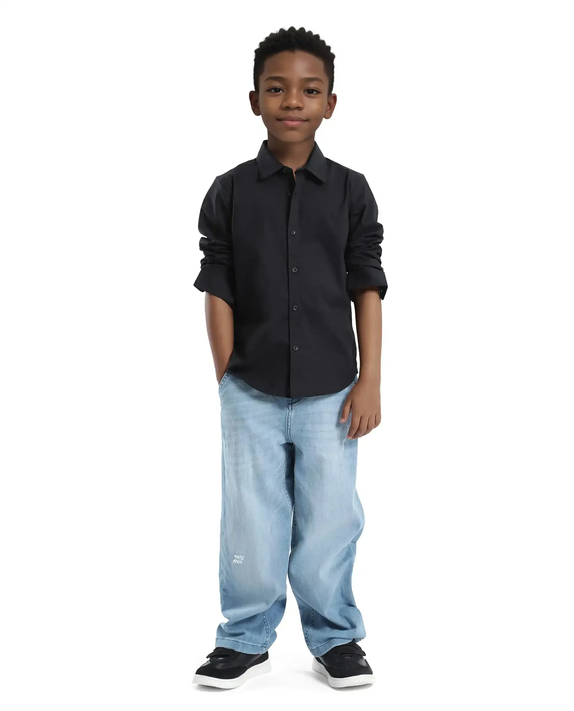 Rare Ones Kids Beno Black Cotton Blend Full Sleeve Button Solid Regular Fit Shirt - Image 2