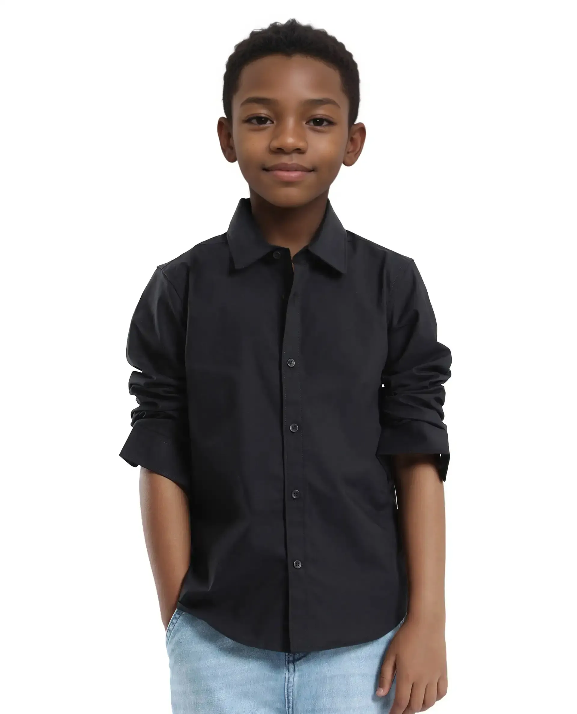 Rare Ones Kids Beno Black Cotton Blend Full Sleeve Button Solid Regular Fit Shirt - Image 5