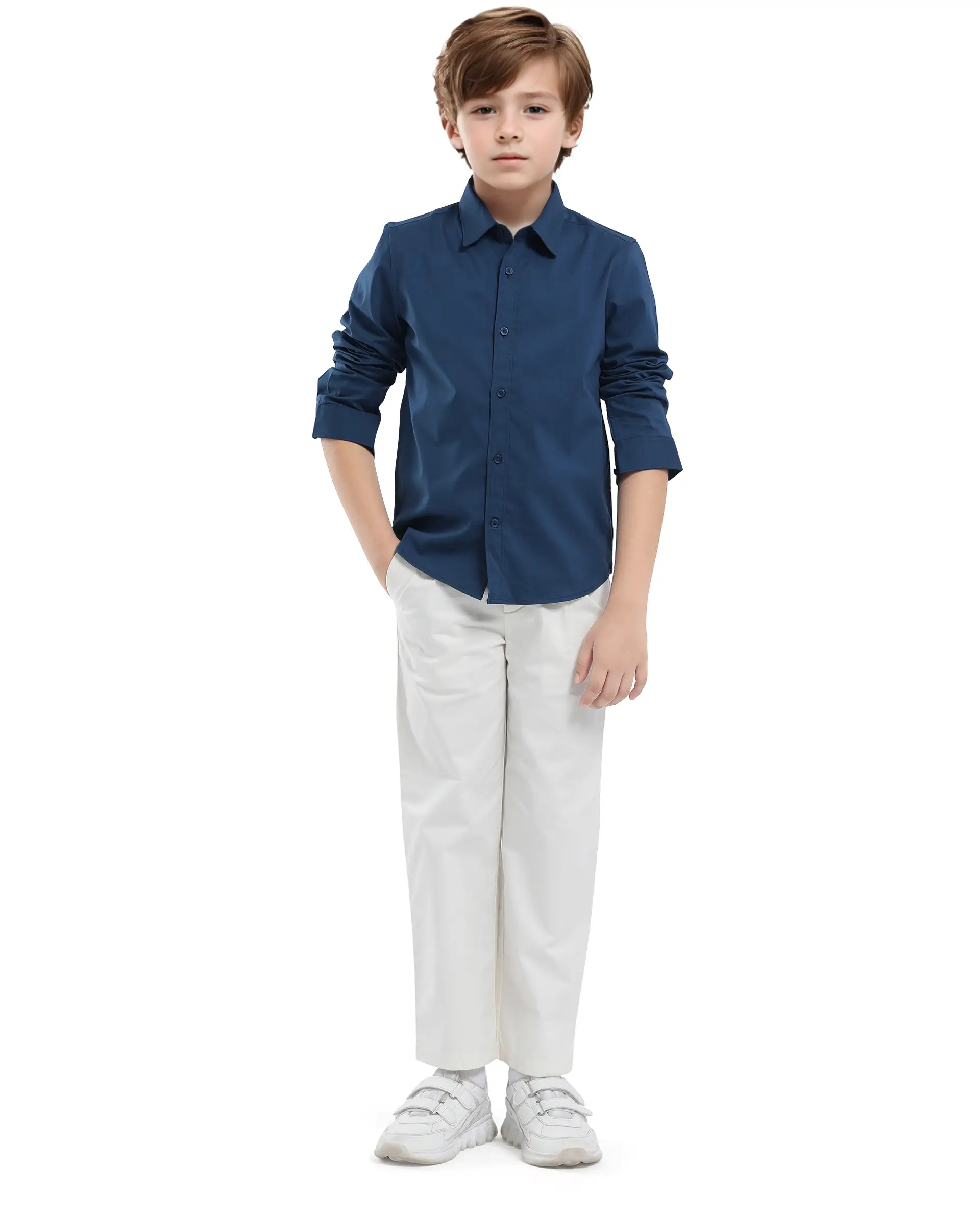Rare Ones Kids Beno Blue Cotton Blend Full Sleeve Button Solid Regular Fit Shirt - Image 2