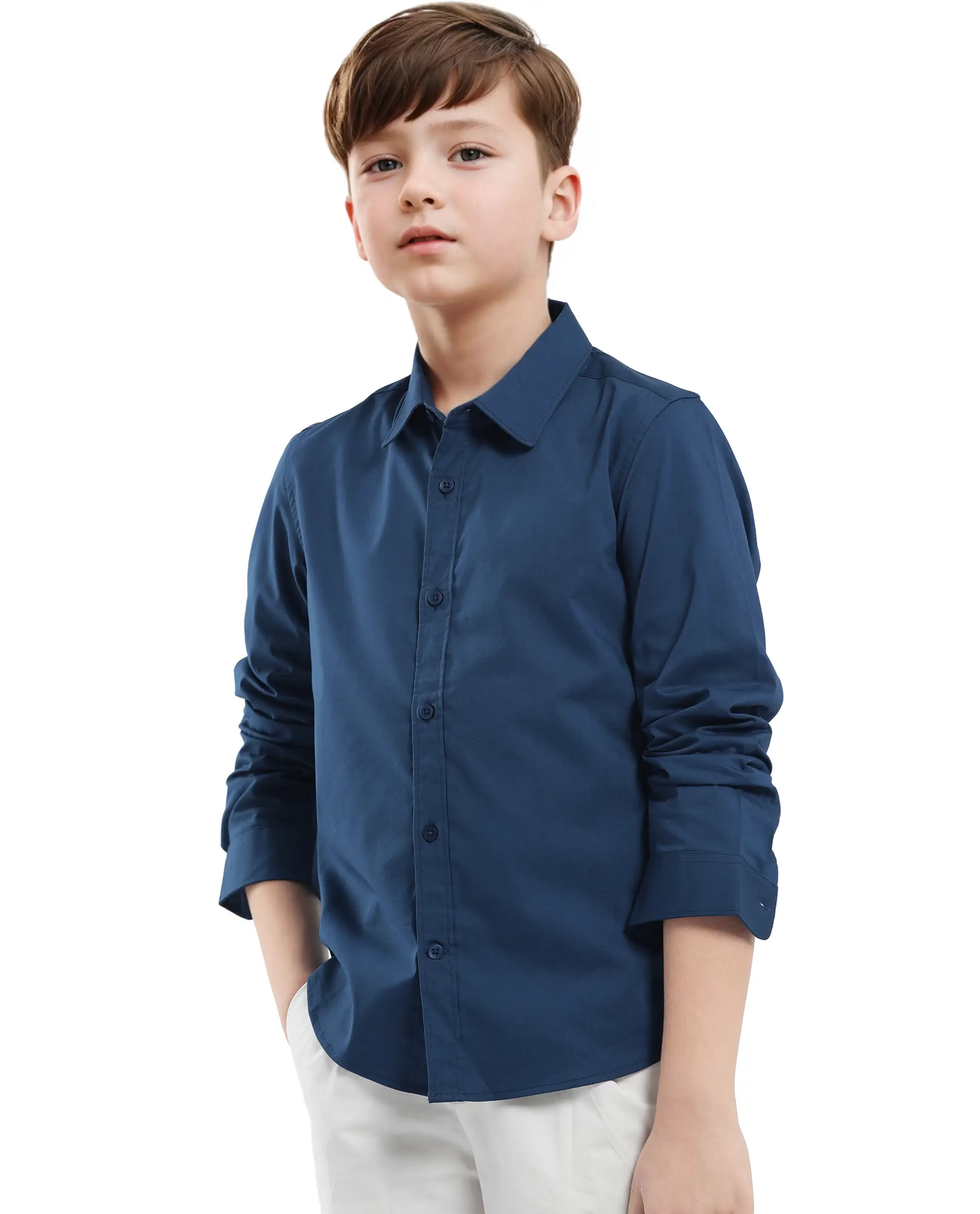 Rare Ones Kids Beno Blue Cotton Blend Full Sleeve Button Solid Regular Fit Shirt - Image 4
