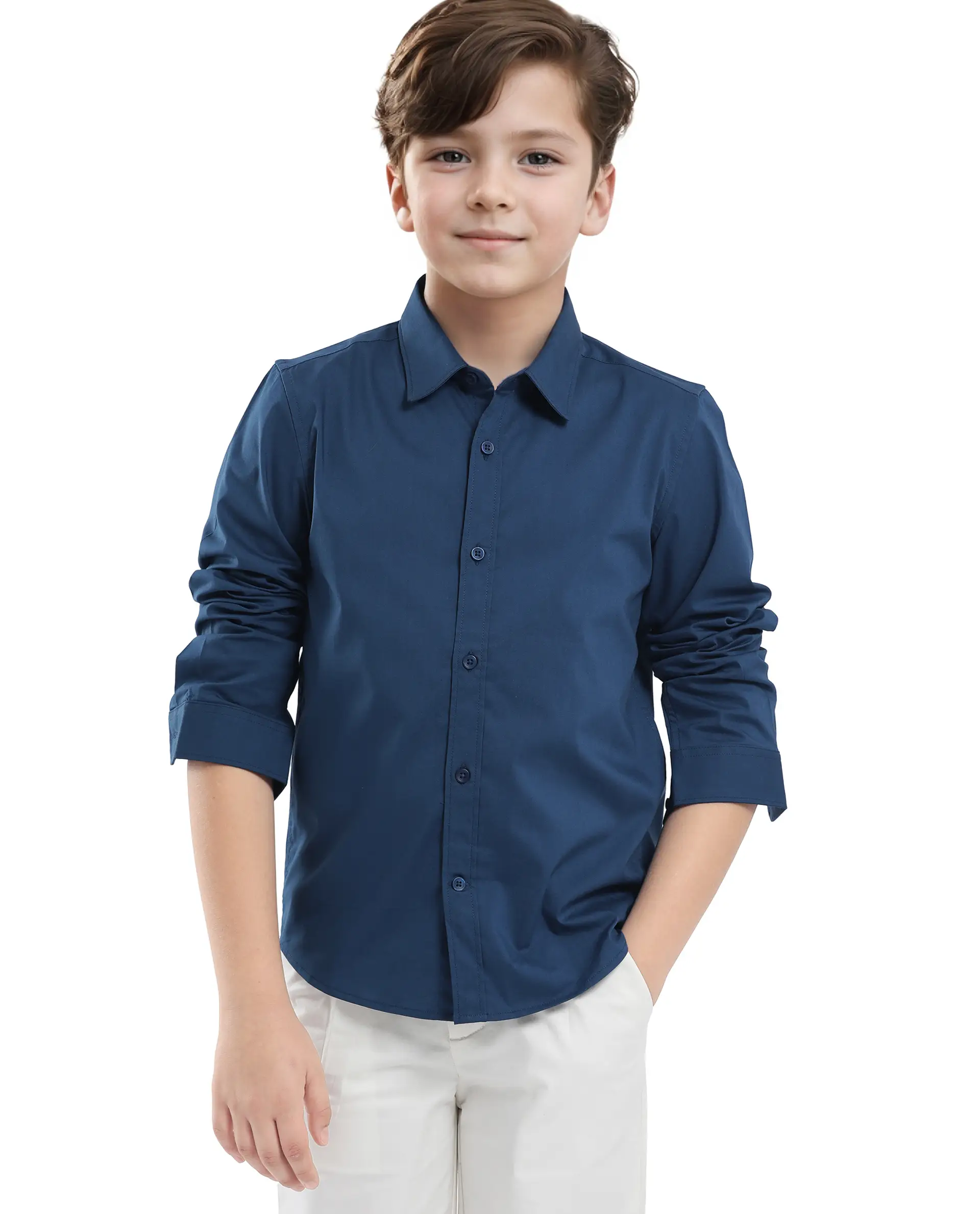 Rare Ones Kids Beno Blue Cotton Blend Full Sleeve Button Solid Regular Fit Shirt - Image 5