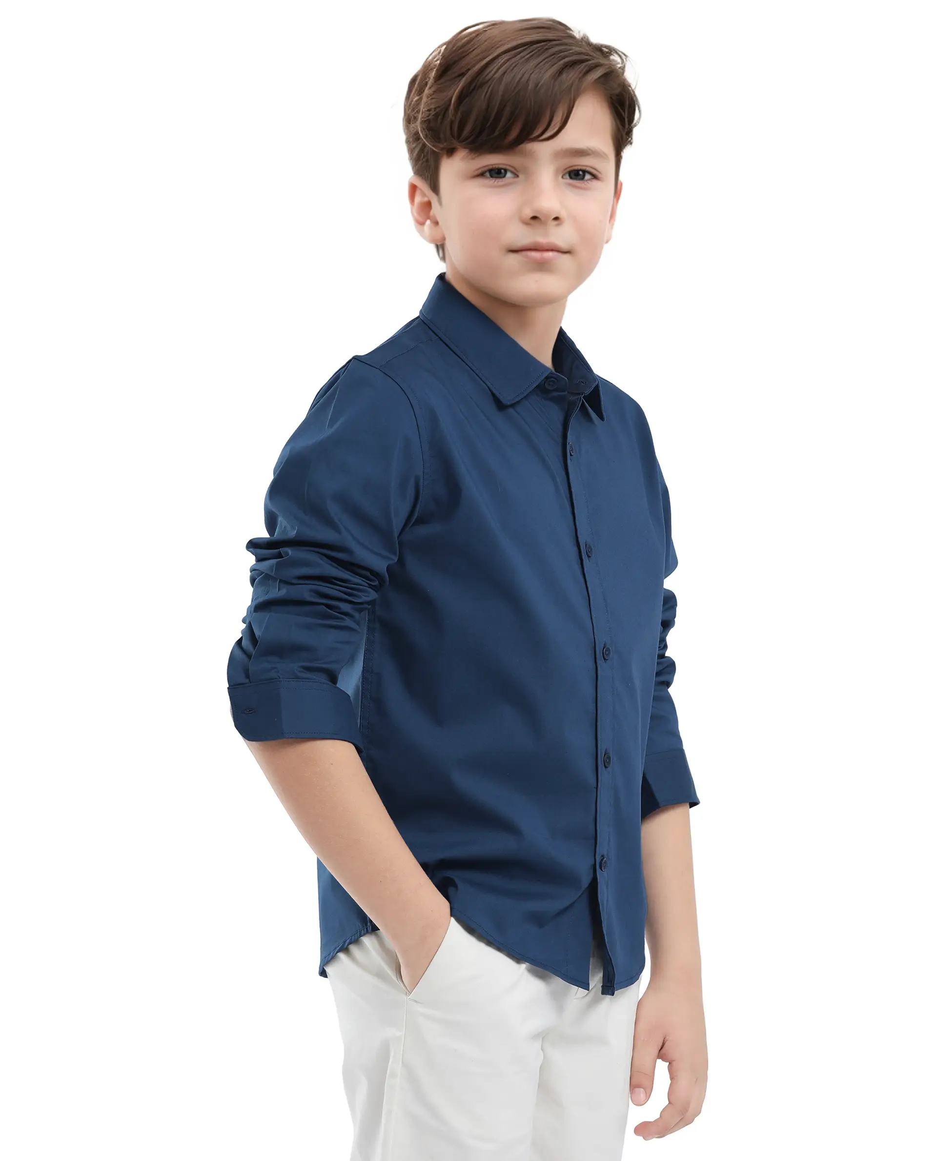 Rare Ones Kids Beno Blue Cotton Blend Full Sleeve Button Solid Regular Fit Shirt - Image 7