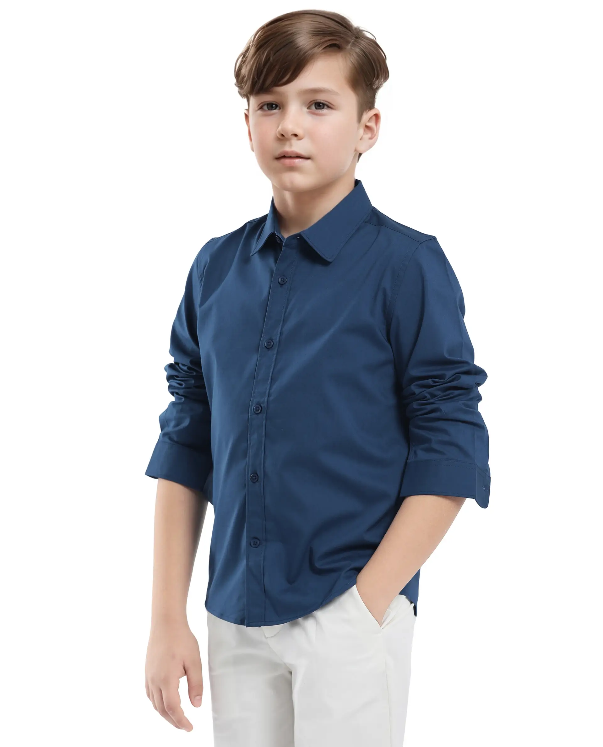Rare Ones Kids Beno Blue Cotton Blend Full Sleeve Button Solid Regular Fit Shirt - Image 8