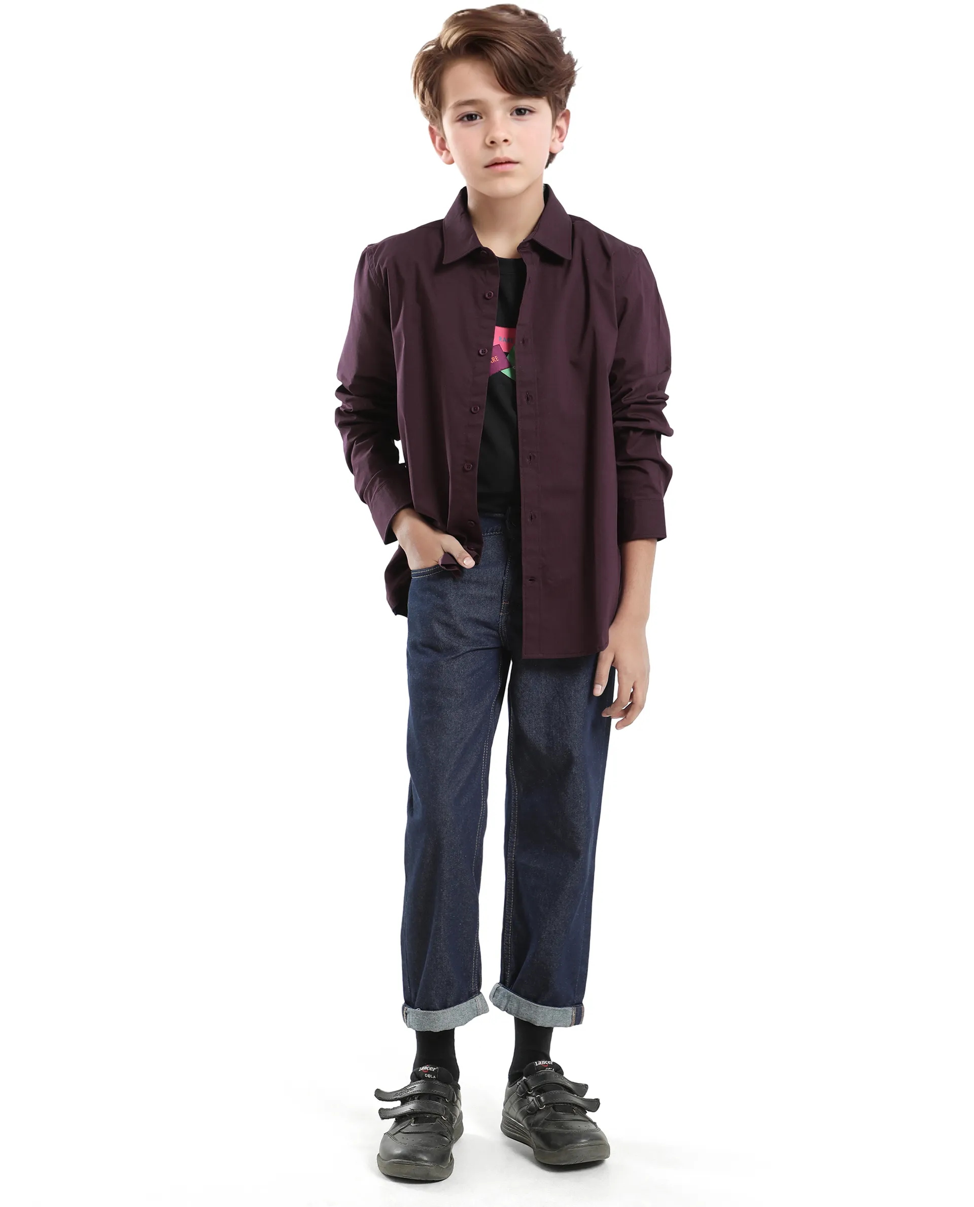 Rare Ones Kids Beno Maroon Cotton Blend Full Sleeve Button Solid Regular Fit Shirt - Image 2